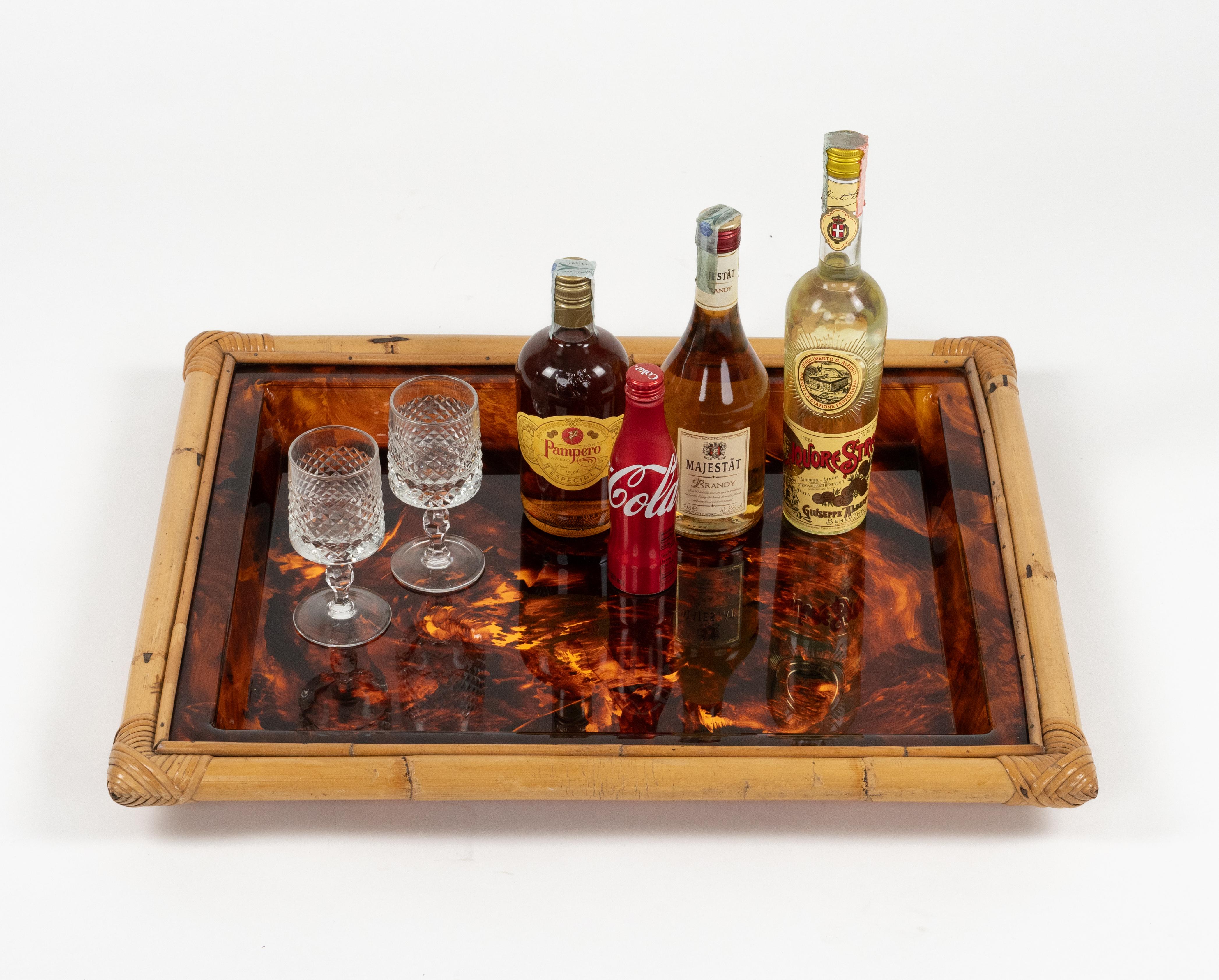 Serving Tray in Bamboo & Tortoiseshell Lucite Christian Dior Style, Italy 1970s For Sale 4
