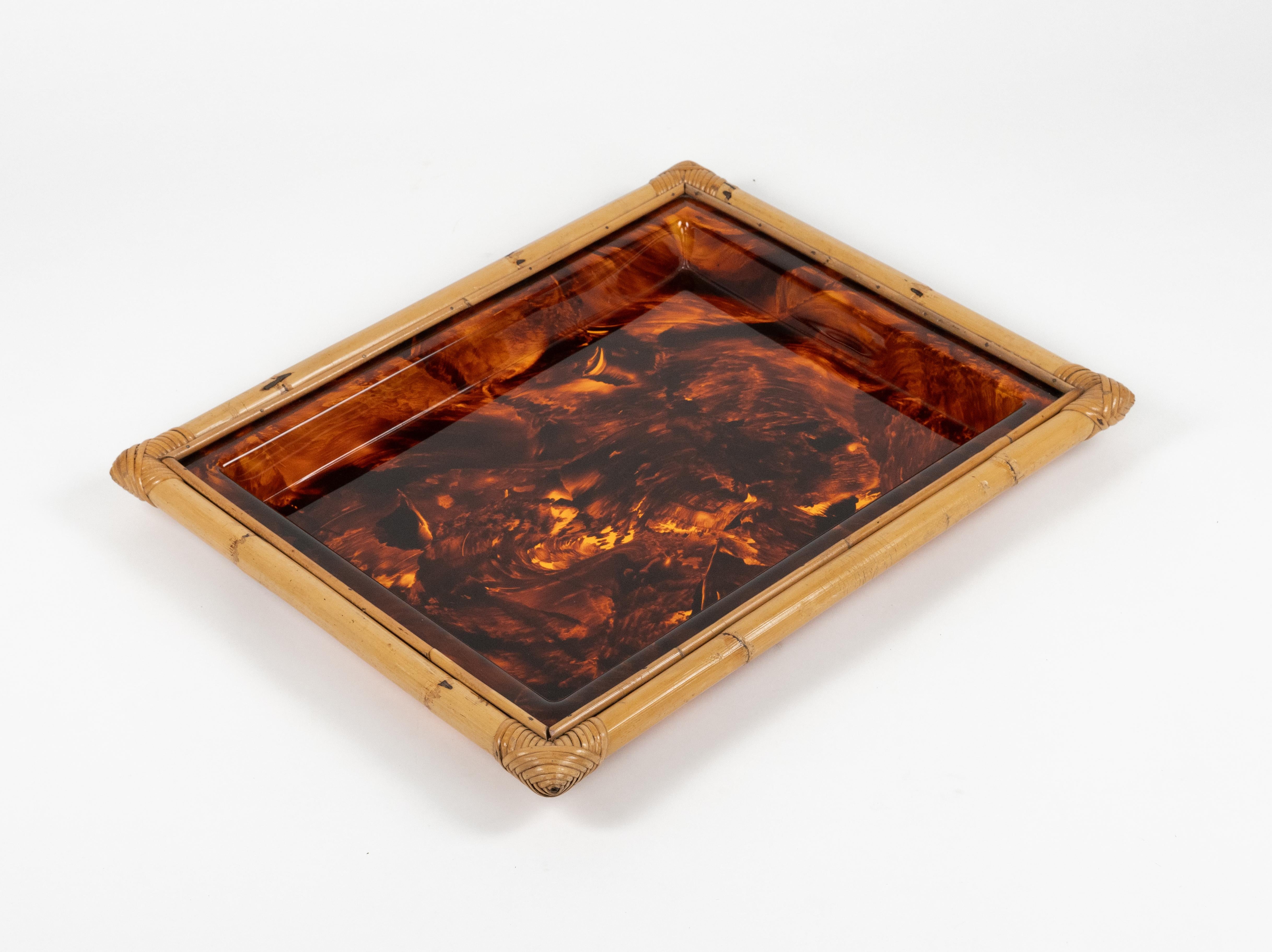 Serving Tray in Bamboo & Tortoiseshell Lucite Christian Dior Style, Italy 1970s For Sale 6