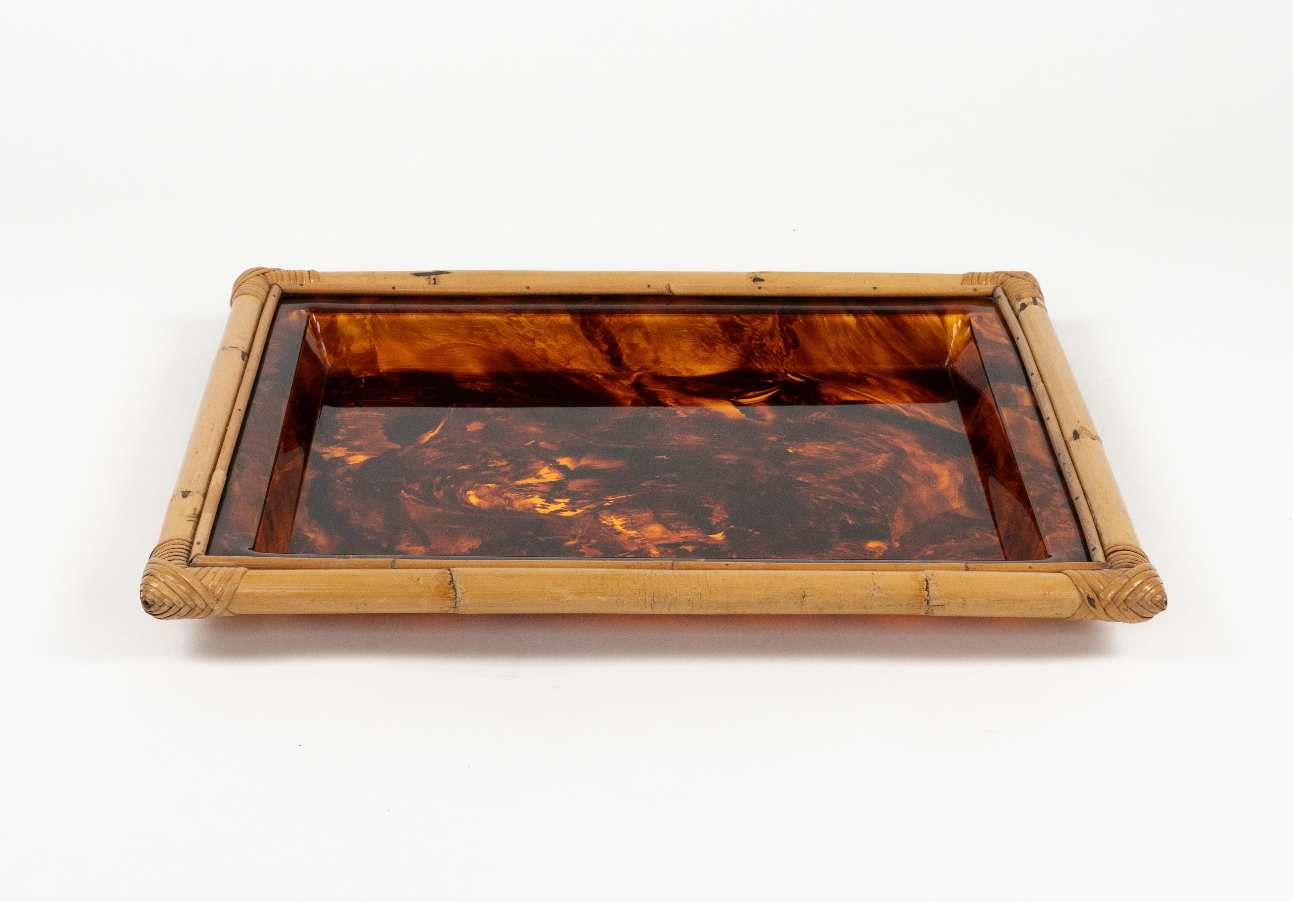 Serving Tray in Bamboo & Tortoiseshell Lucite Christian Dior Style, Italy 1970s For Sale 7