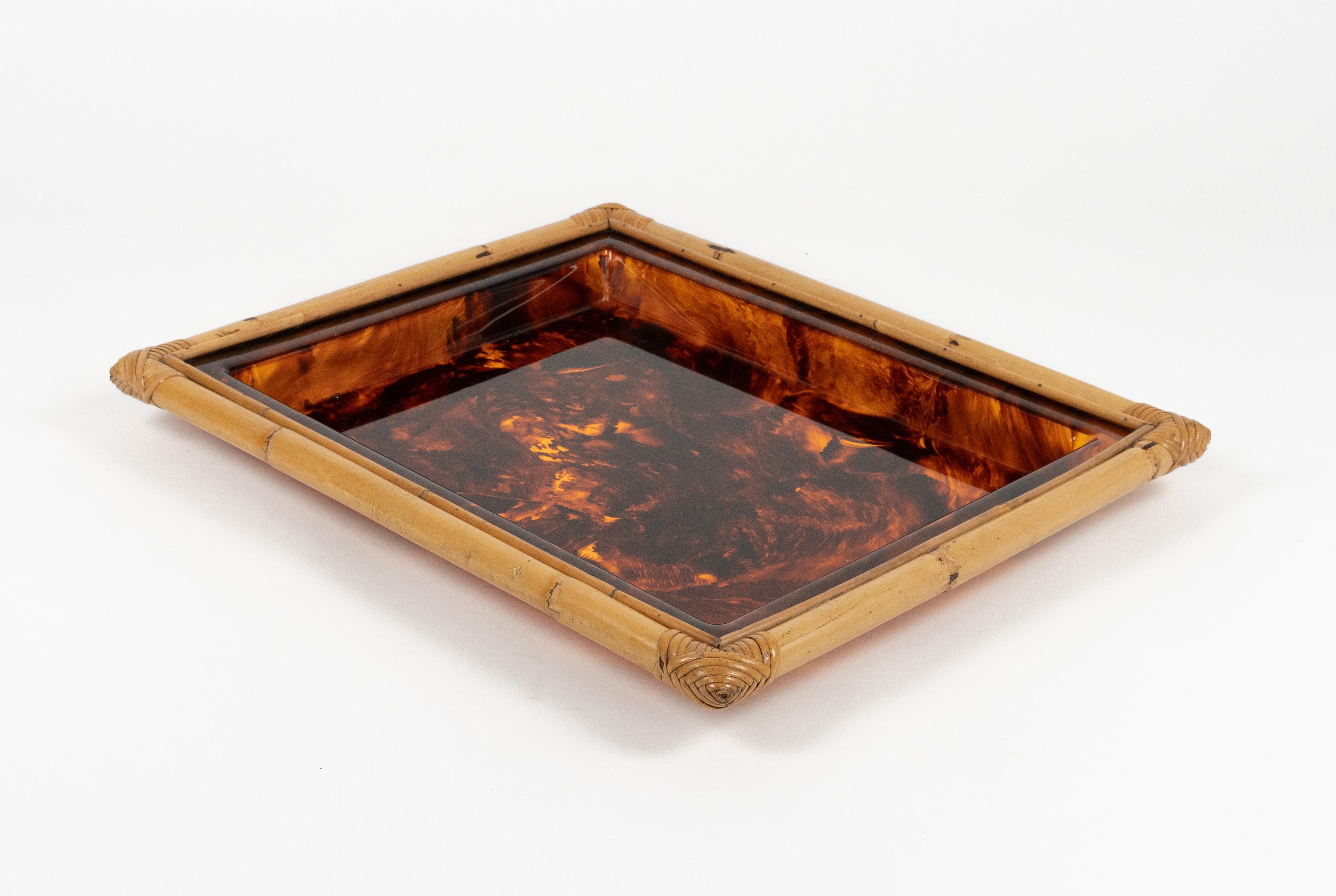 Serving Tray in Bamboo & Tortoiseshell Lucite Christian Dior Style, Italy 1970s For Sale 8