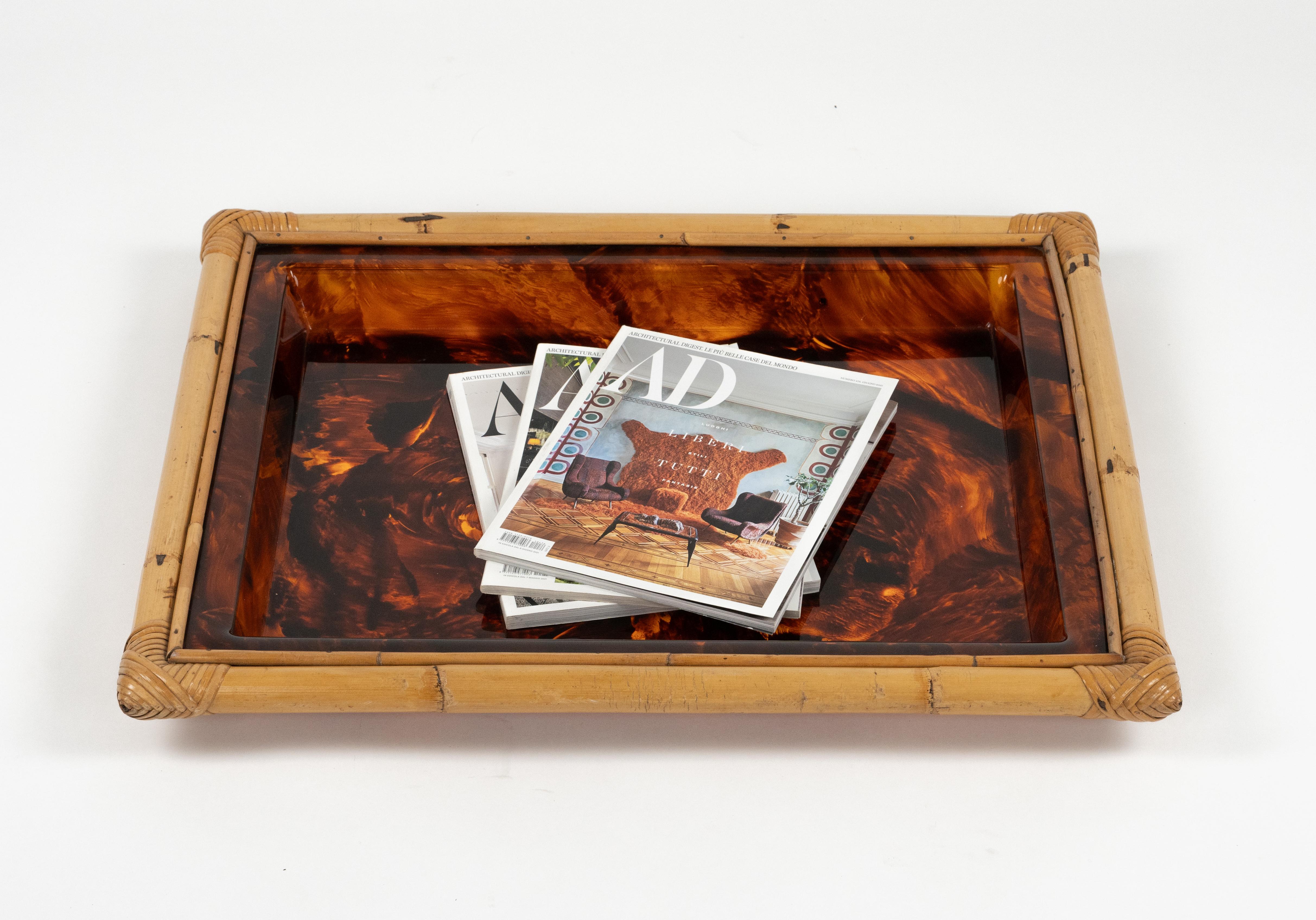 Serving Tray in Bamboo & Tortoiseshell Lucite Christian Dior Style, Italy 1970s For Sale 9