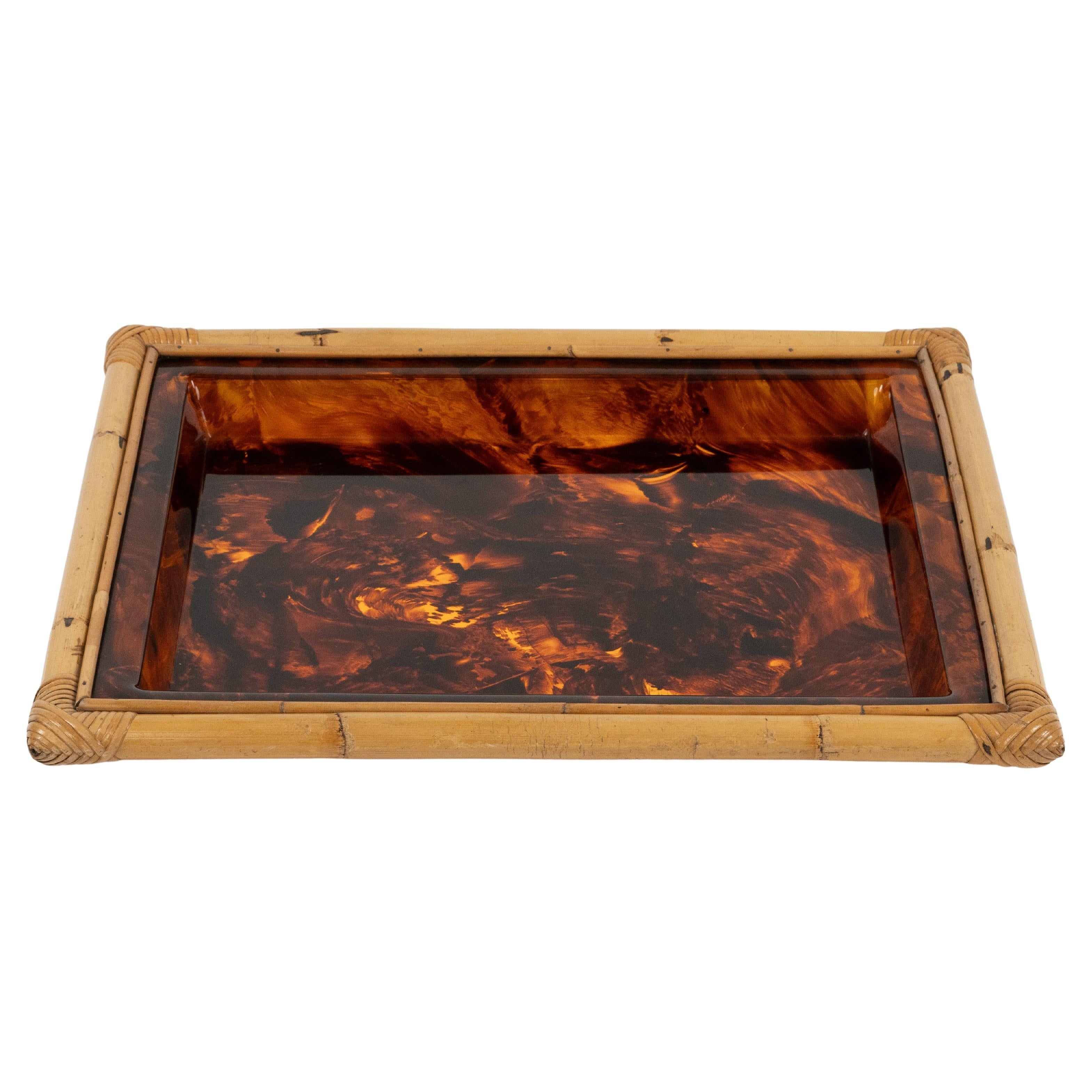 Serving Tray in Bamboo & Tortoiseshell Lucite Christian Dior Style, Italy 1970s For Sale 11