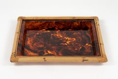 Serving Tray in Bamboo & Tortoiseshell Lucite Christian Dior Style, Italy 1970s