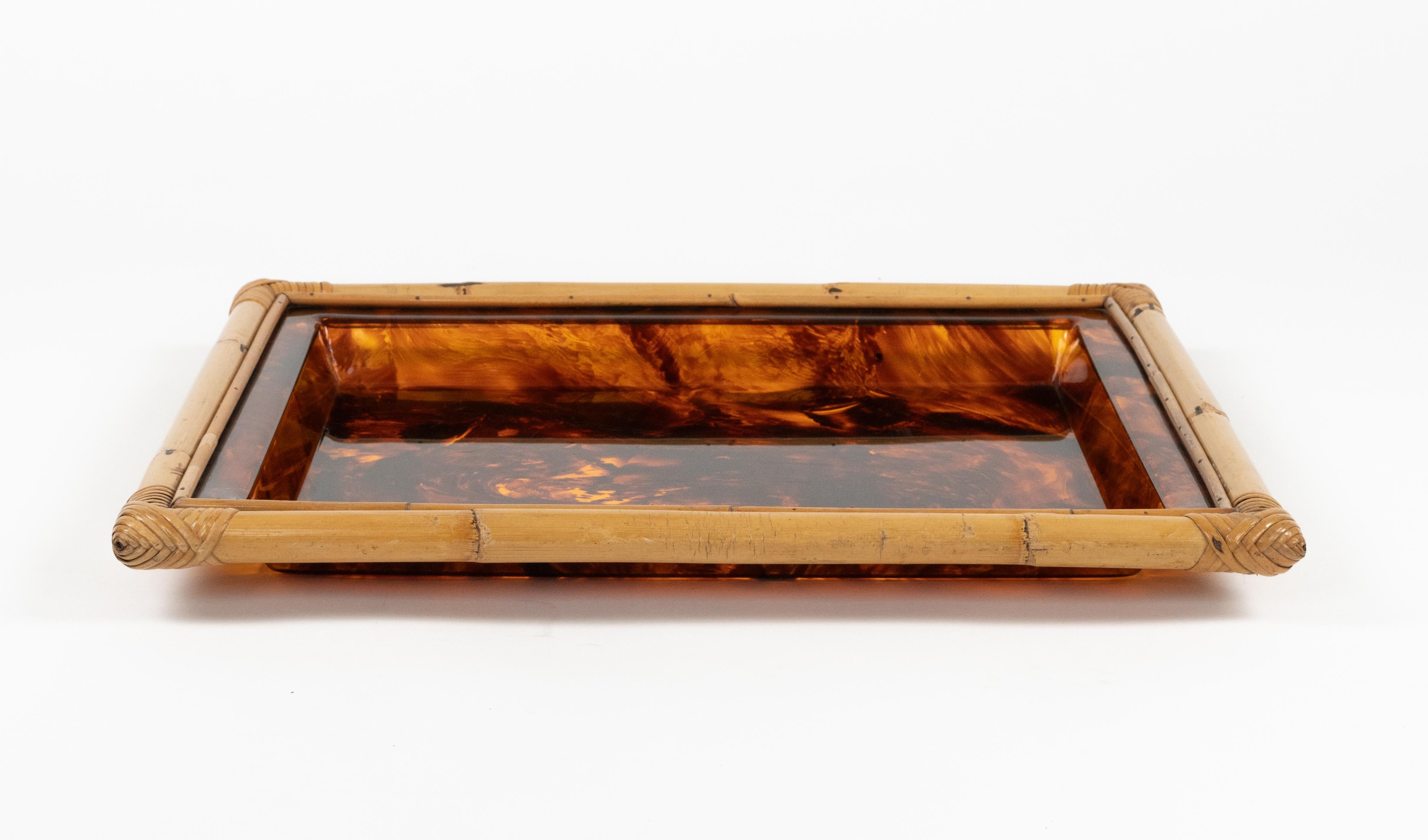 Mid-Century Modern Serving Tray in Bamboo & Tortoiseshell Lucite Christian Dior Style, Italy 1970s For Sale