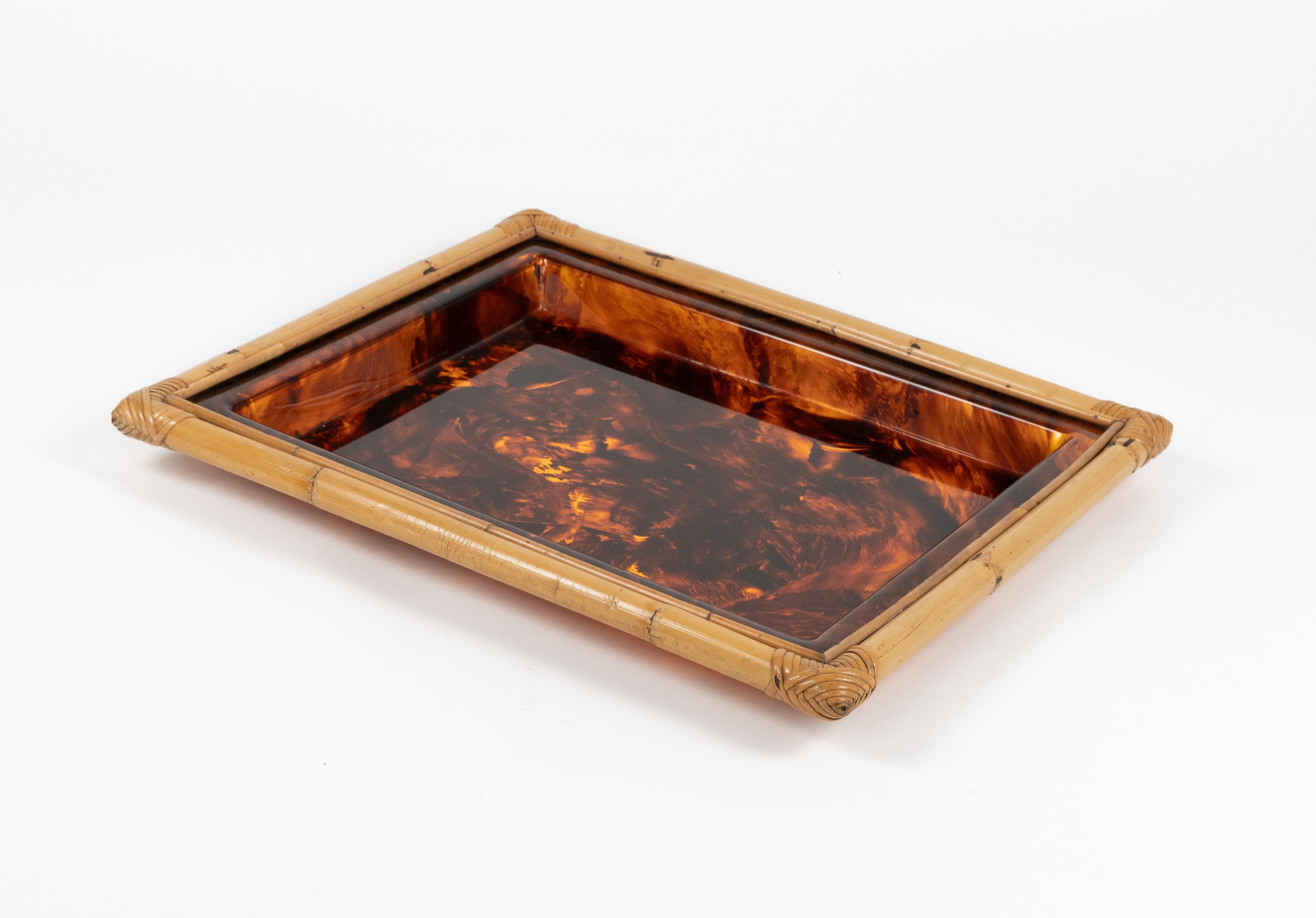 Italian Serving Tray in Bamboo & Tortoiseshell Lucite Christian Dior Style, Italy 1970s For Sale