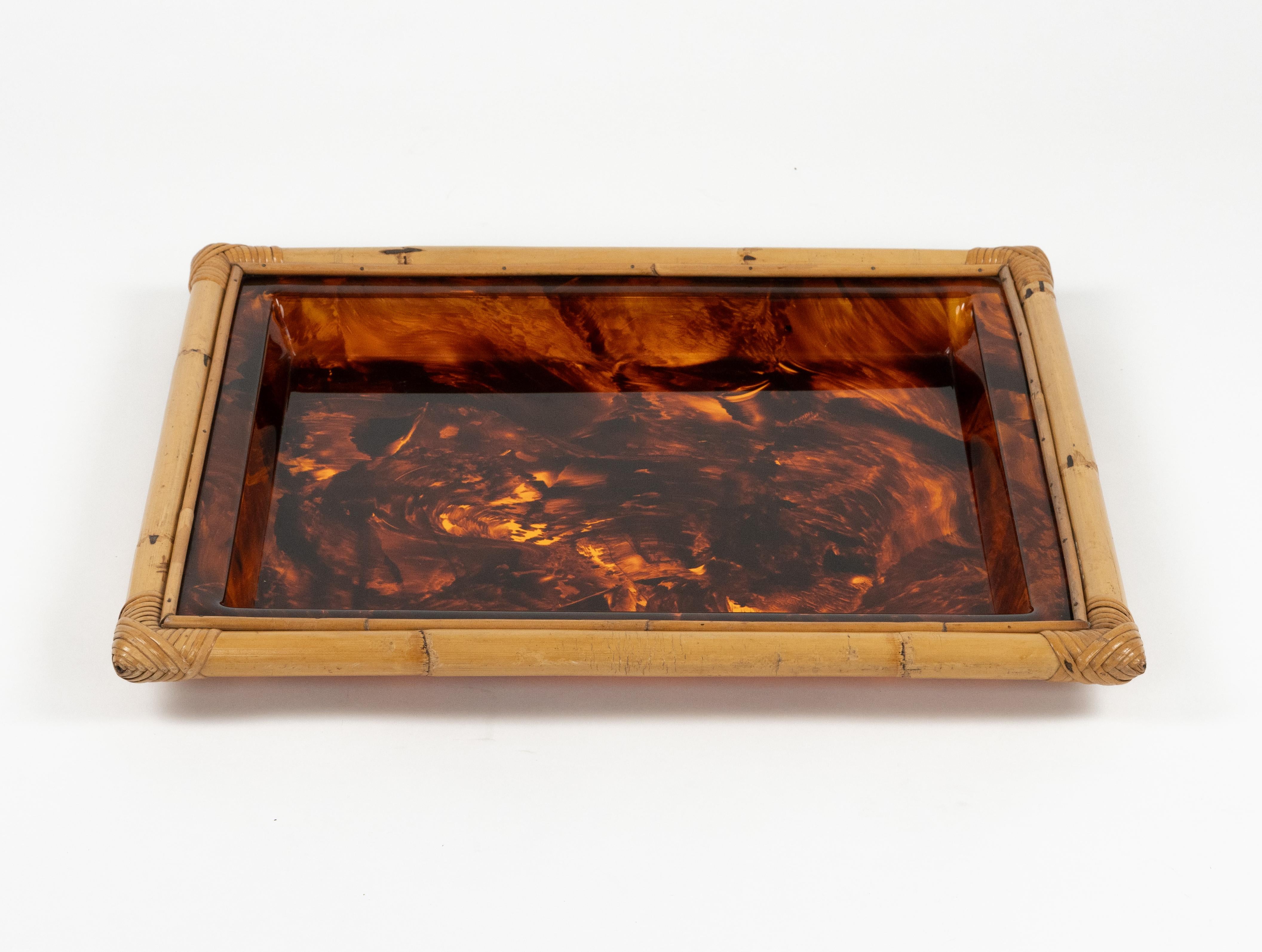 Serving Tray in Bamboo & Tortoiseshell Lucite Christian Dior Style, Italy 1970s In Good Condition For Sale In Rome, IT