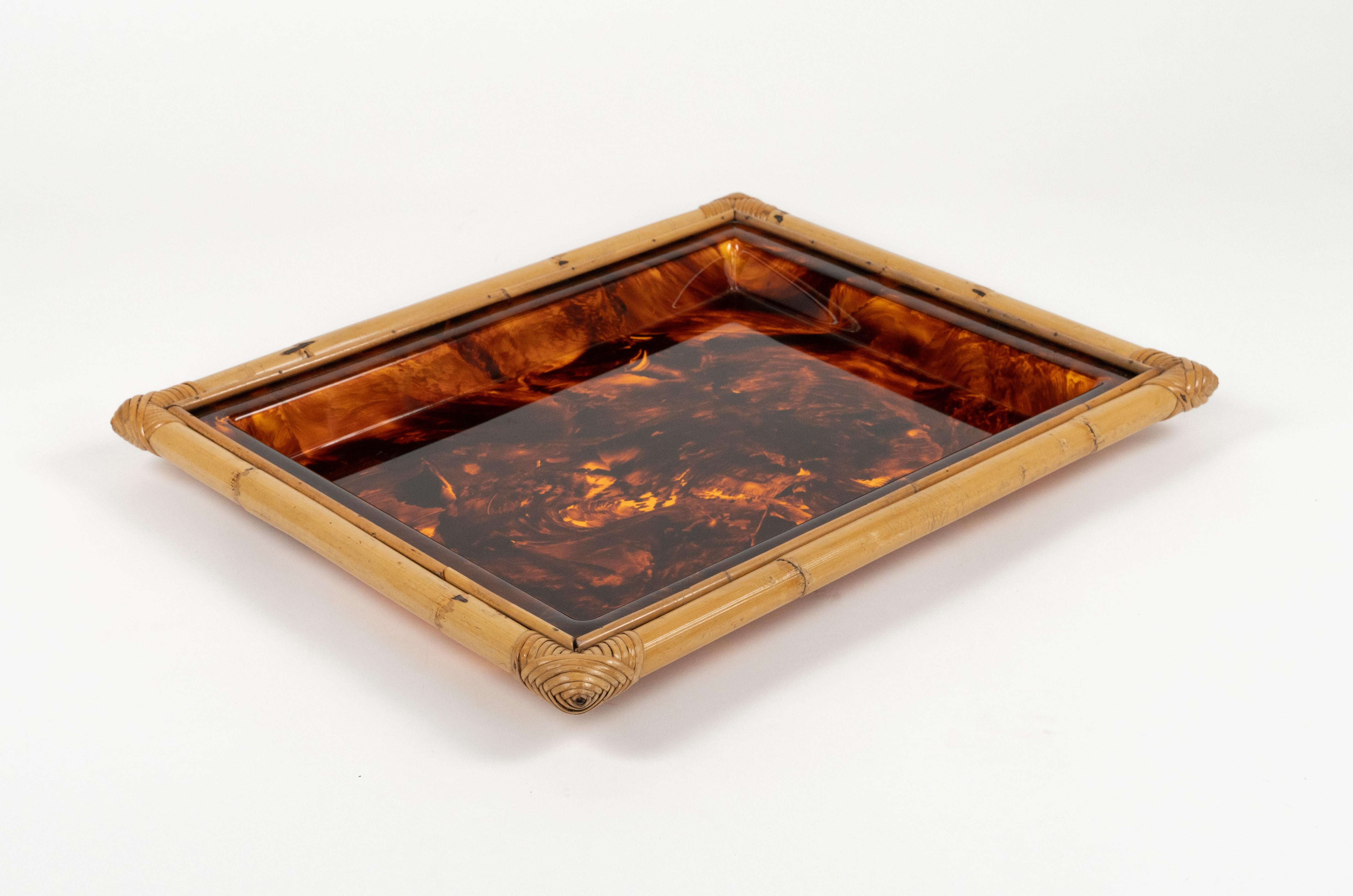 Late 20th Century Serving Tray in Bamboo & Tortoiseshell Lucite Christian Dior Style, Italy 1970s For Sale