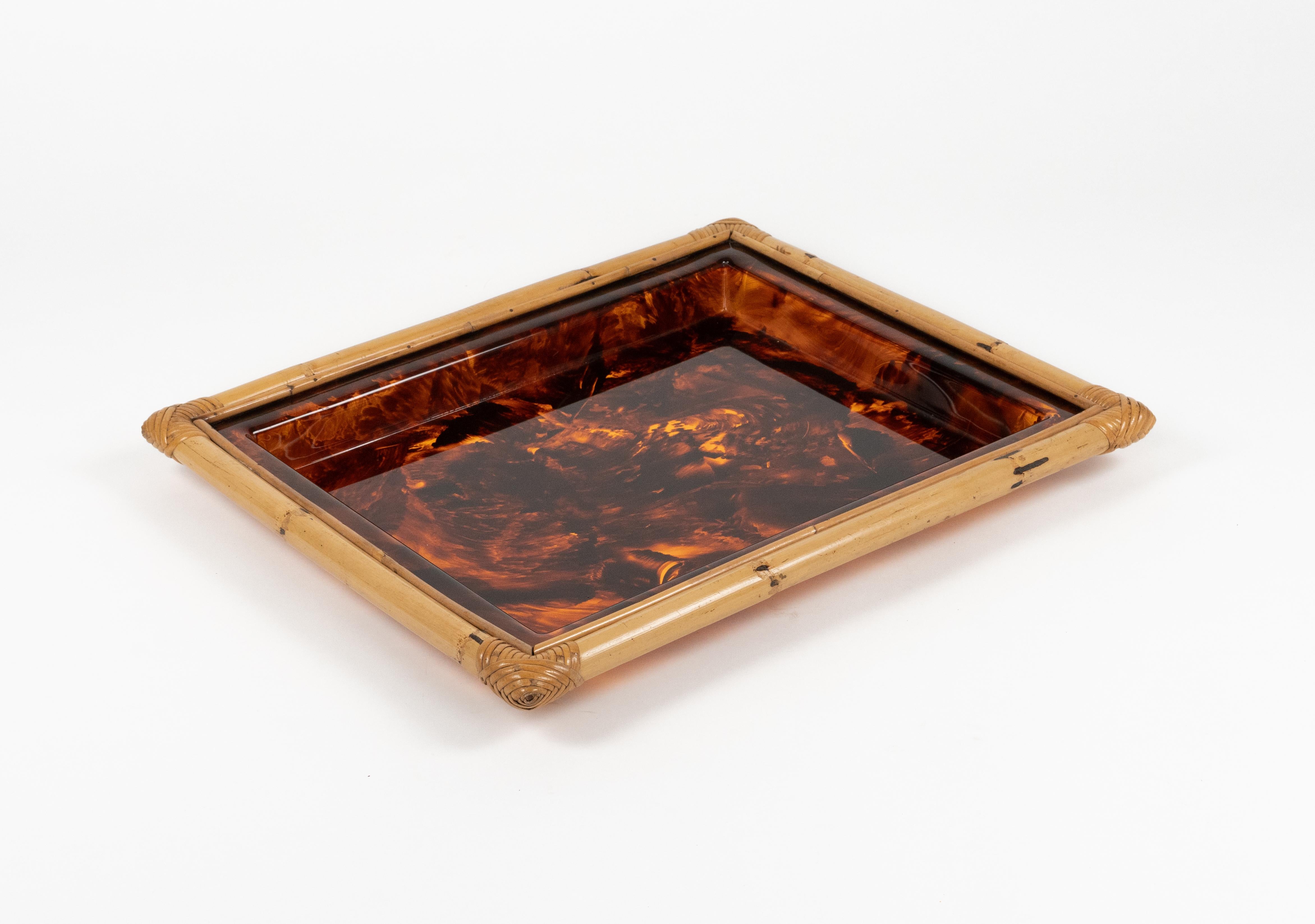 Serving Tray in Bamboo & Tortoiseshell Lucite Christian Dior Style, Italy 1970s For Sale 1