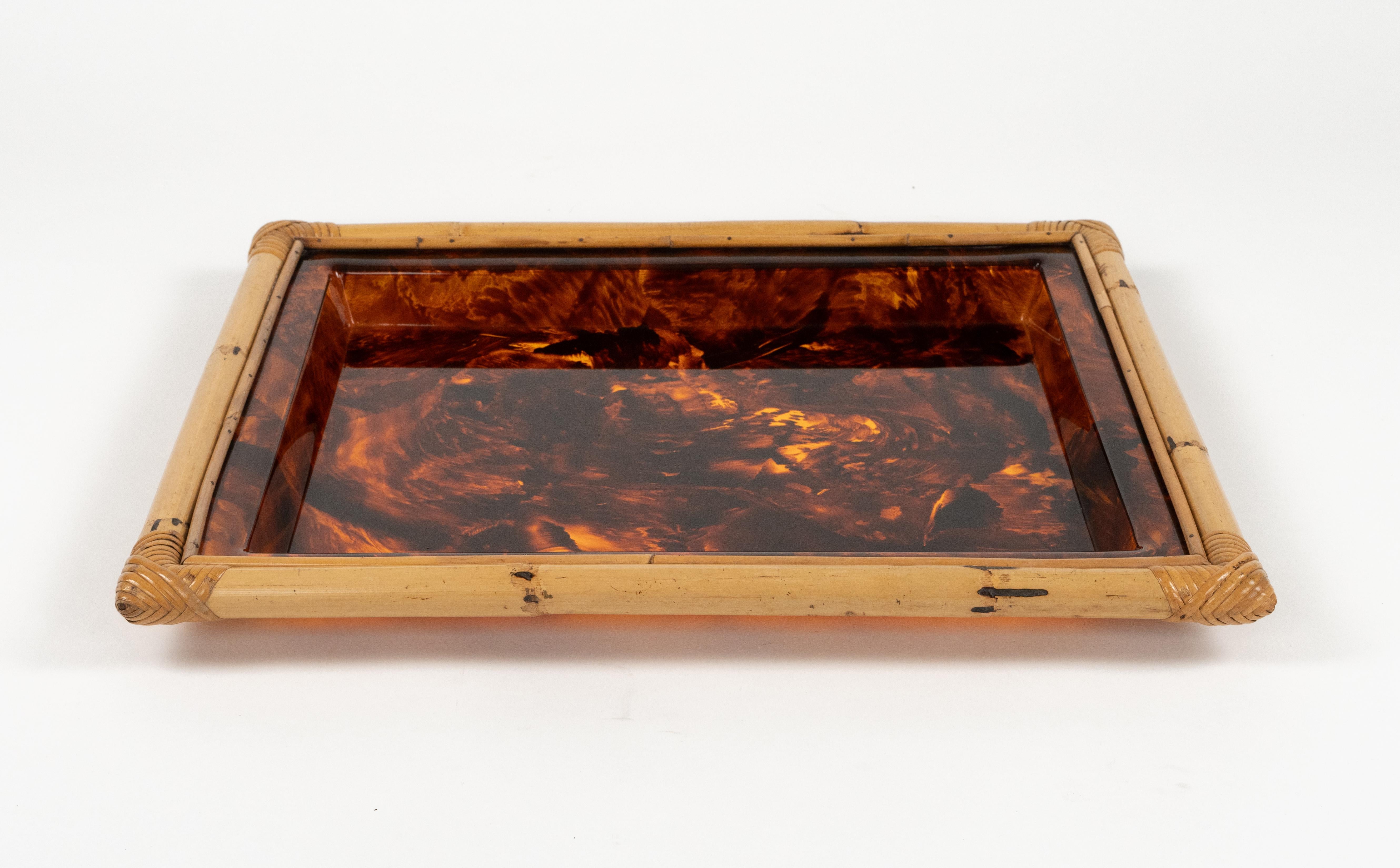 Serving Tray in Bamboo & Tortoiseshell Lucite Christian Dior Style, Italy 1970s For Sale 2