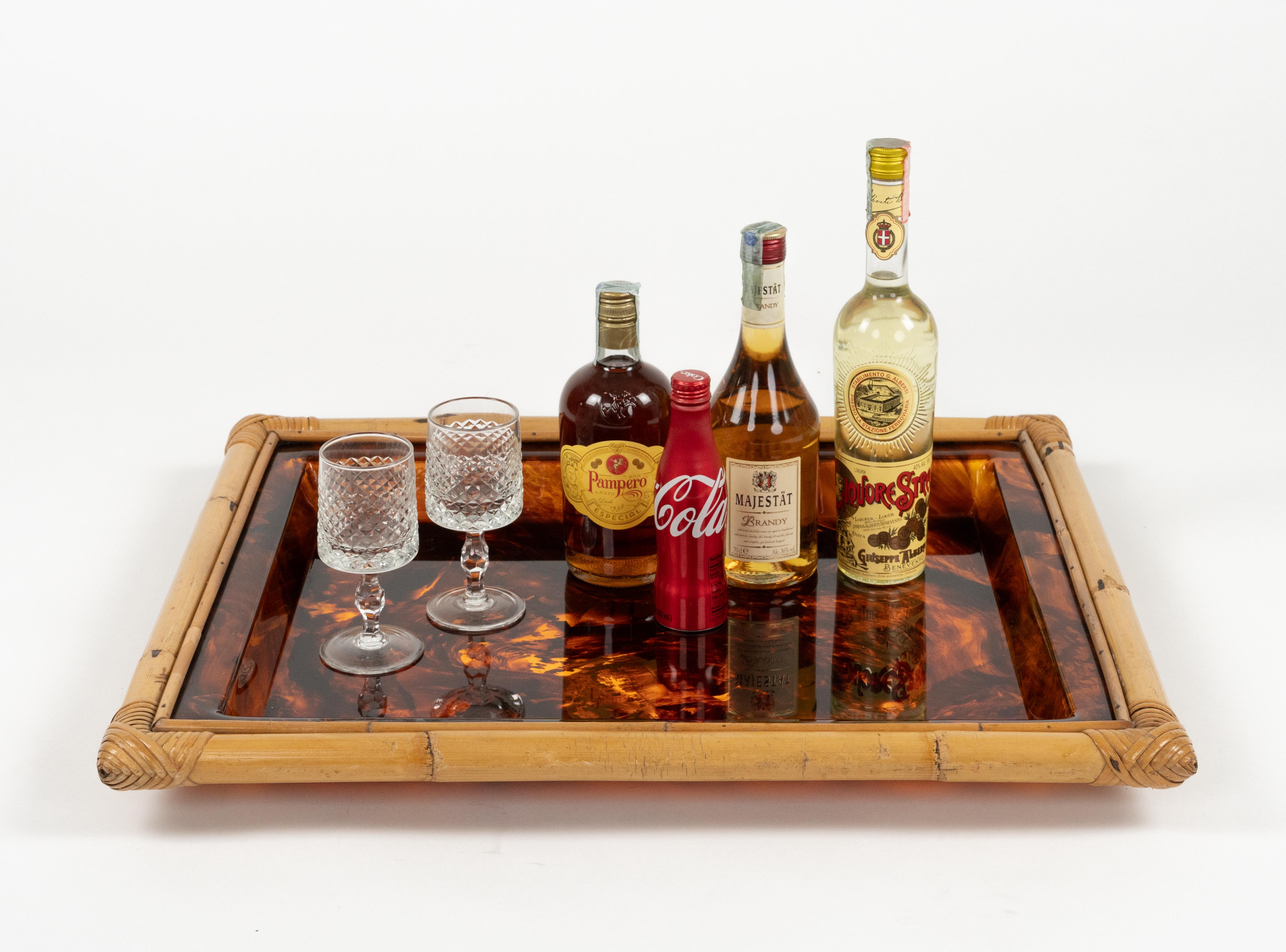 Serving Tray in Bamboo & Tortoiseshell Lucite Christian Dior Style, Italy 1970s For Sale 3