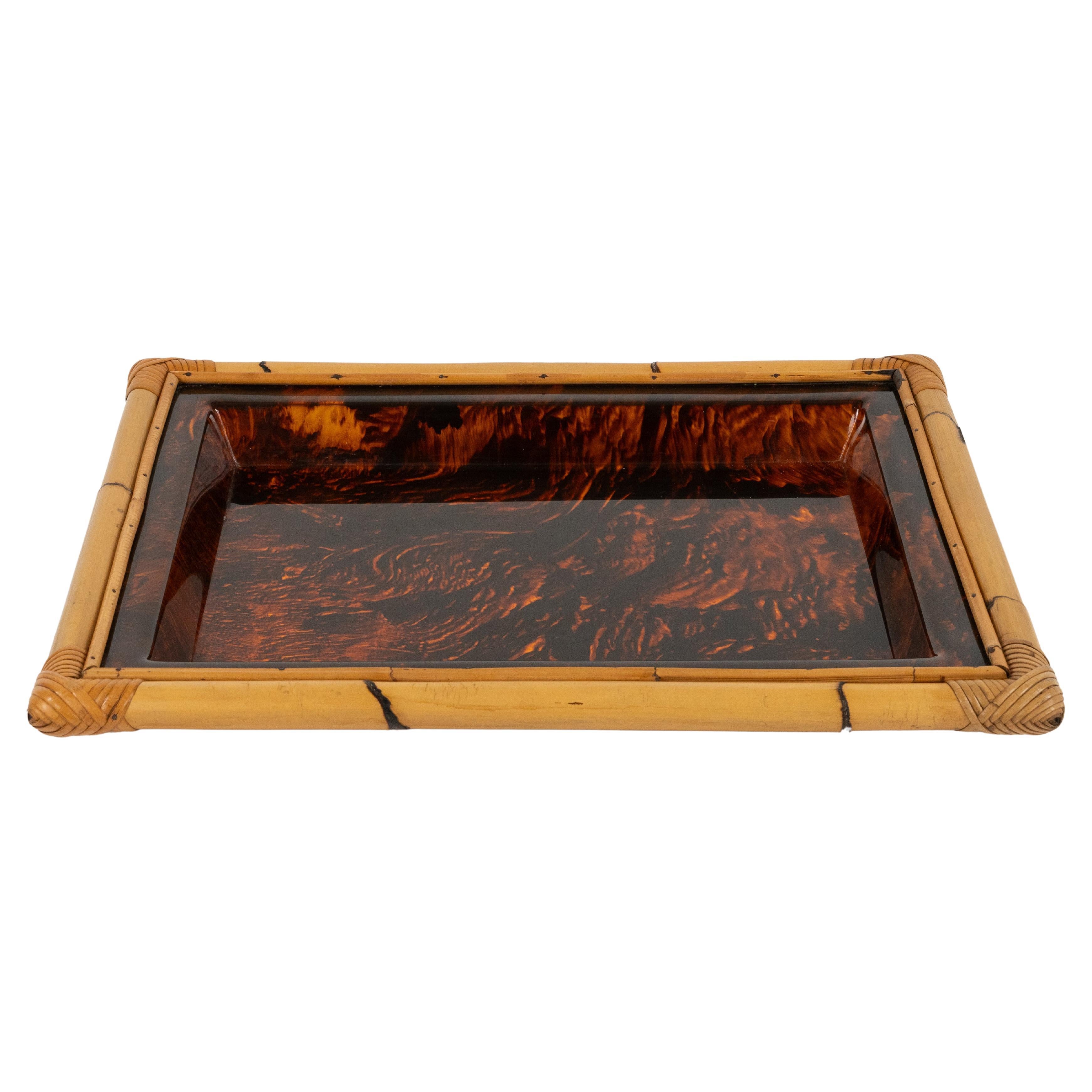 Serving Tray in Bamboo & Tortoiseshell Lucite Christian Dior Style, Italy 1970s