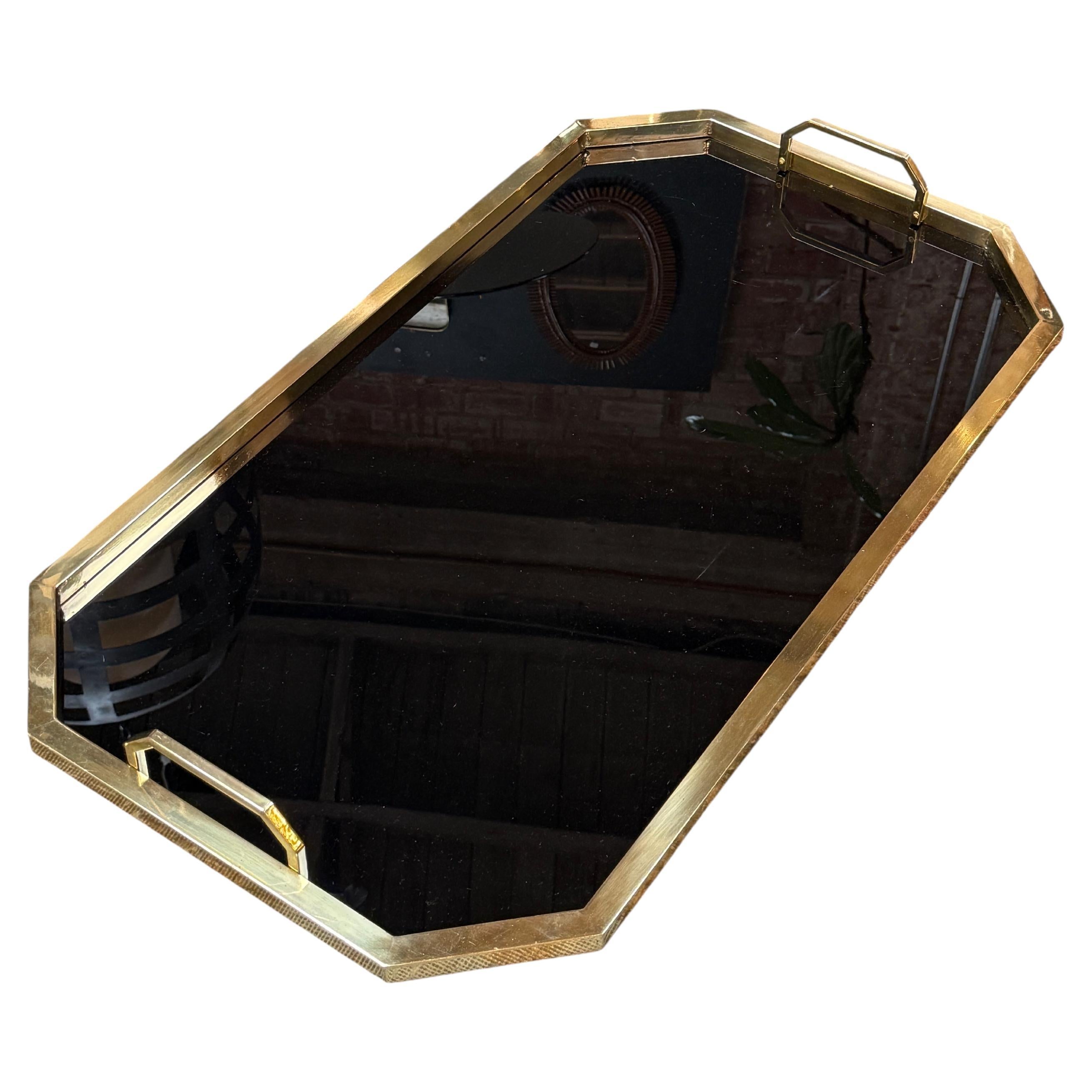 Serving Tray in brass and black glass Italy 70s For Sale