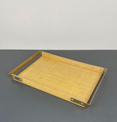 Serving Tray in Brass, Wicker and Lucite by Janetti, Italy, 1960s