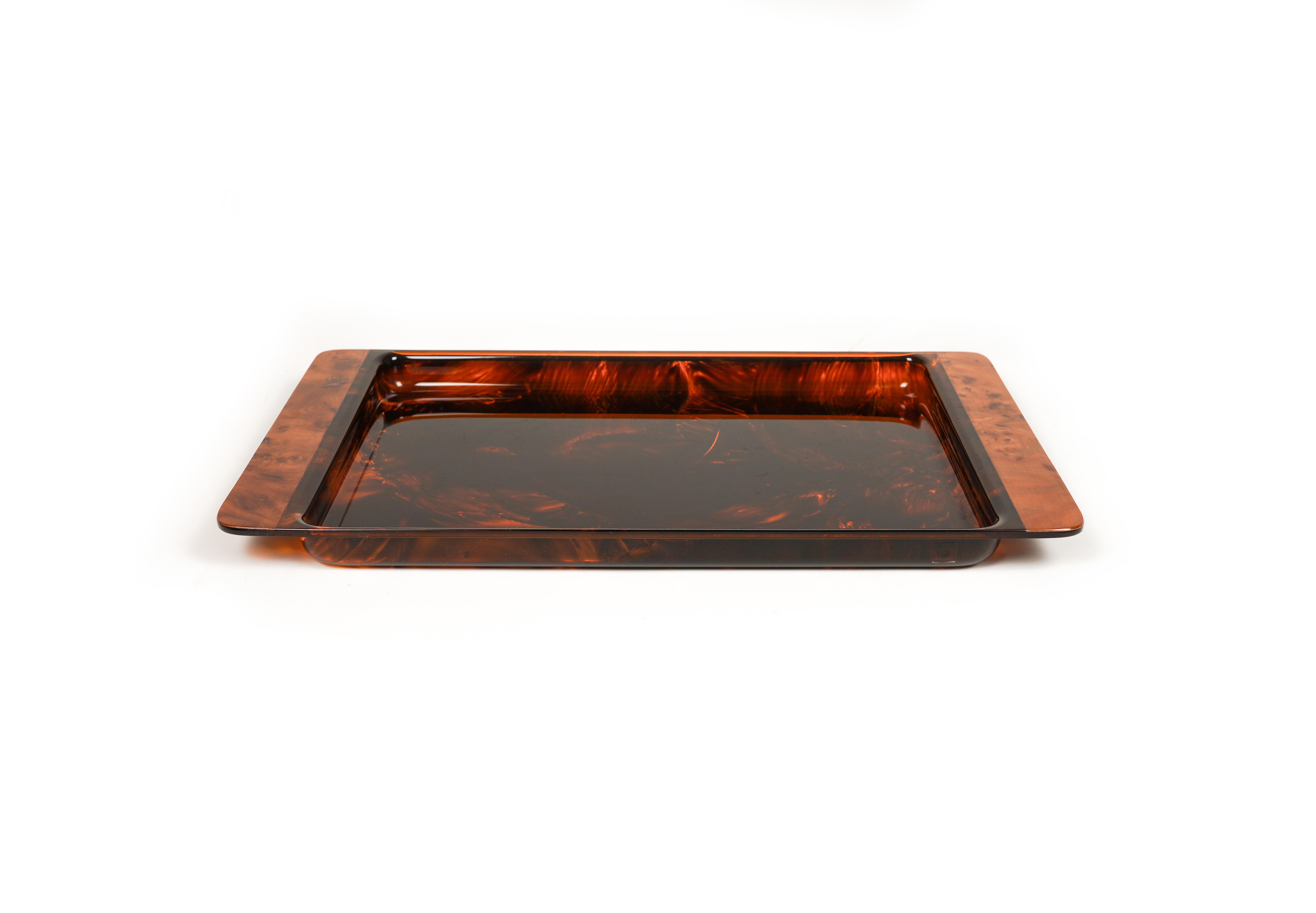 Serving Tray in Effect Tortoiseshell Lucite & Brass by Guzzini, Italy 1970s 3