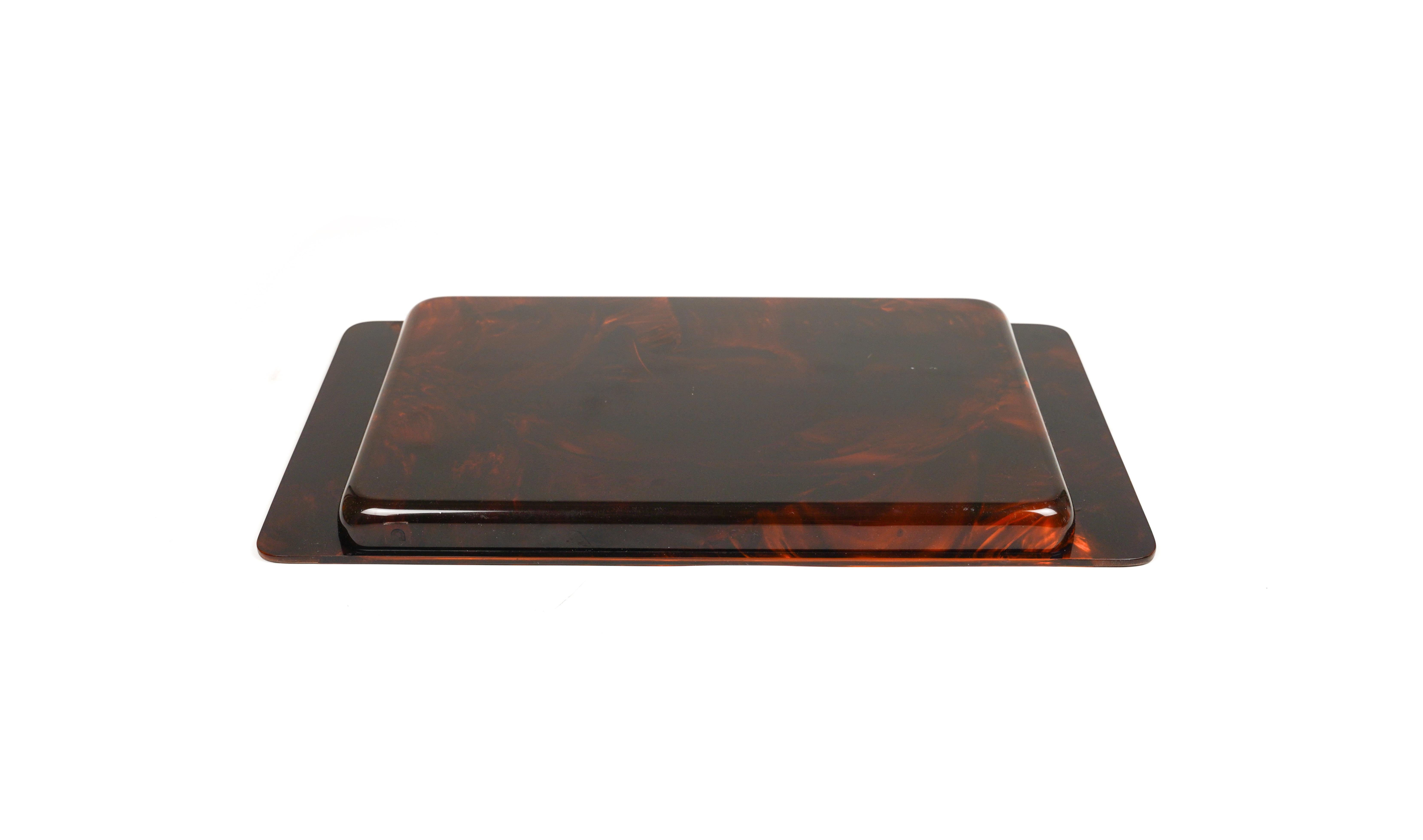 Serving Tray in Effect Tortoiseshell Lucite & Brass by Guzzini, Italy 1970s 4