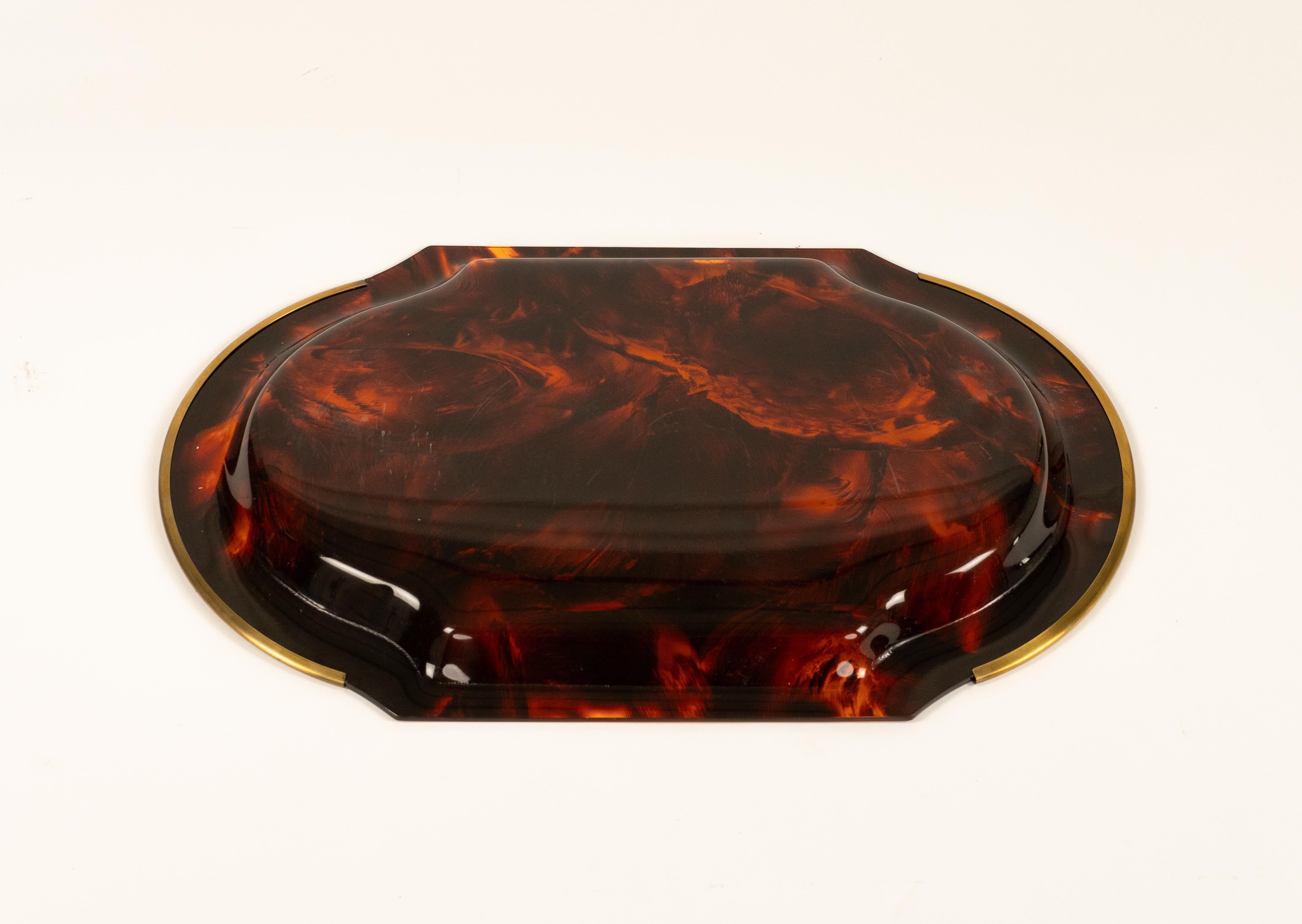 Serving Tray in Effect Tortoiseshell Lucite & Brass by Guzzini, Italy 1970s For Sale 5
