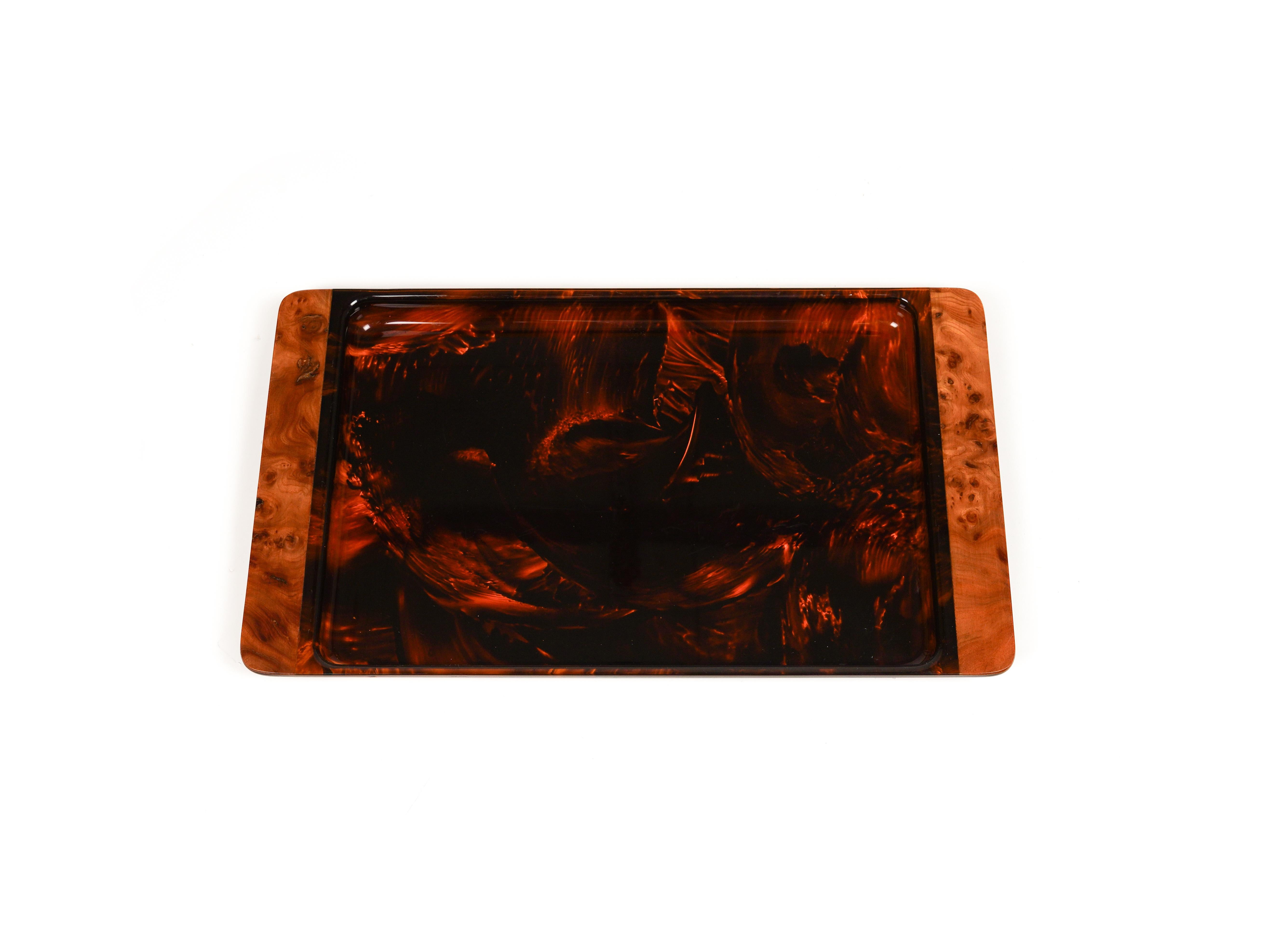 Mid-Century Modern Serving Tray in Effect Tortoiseshell Lucite & Brass by Guzzini, Italy 1970s