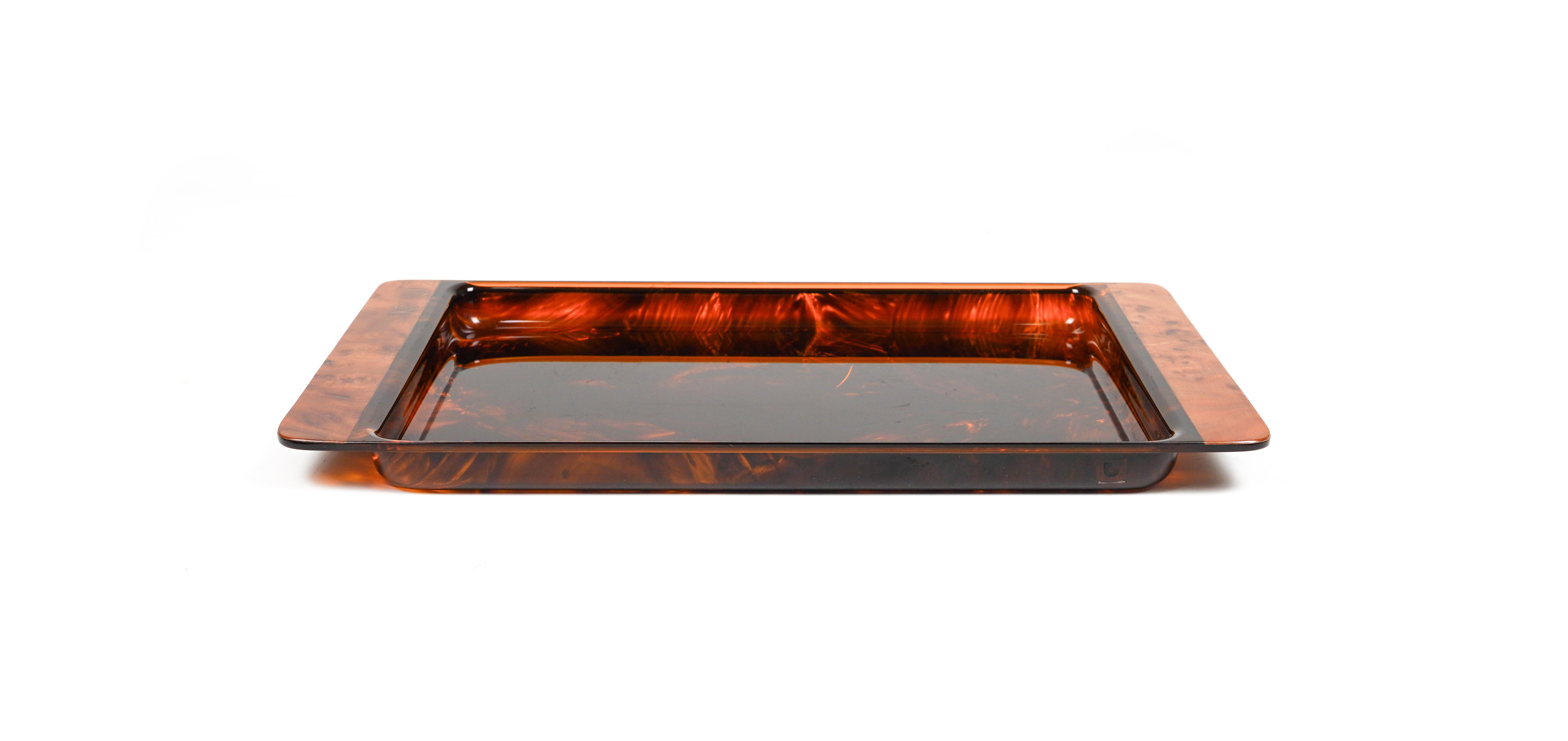 Italian Serving Tray in Effect Tortoiseshell Lucite & Brass by Guzzini, Italy 1970s