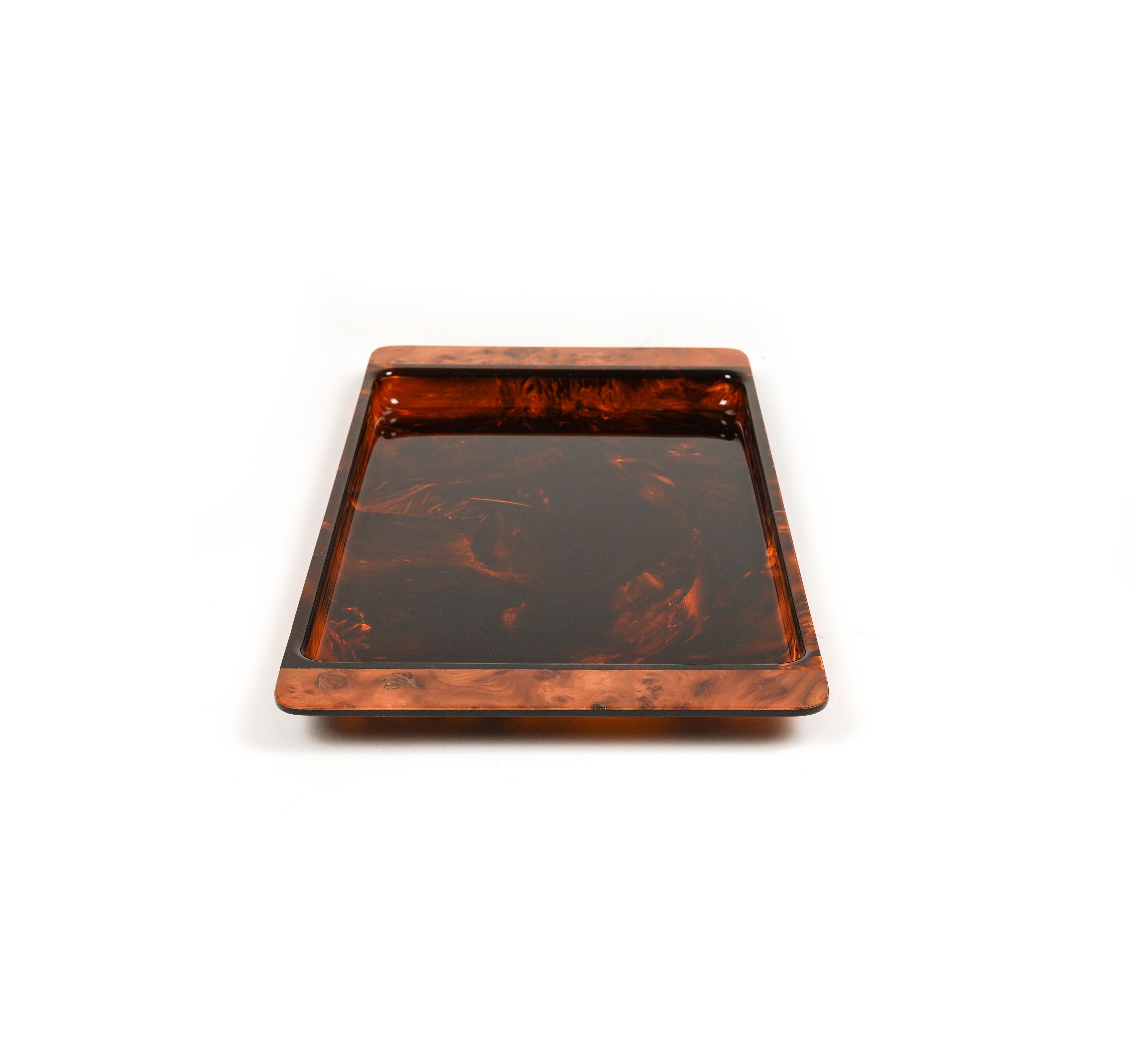 Late 20th Century Serving Tray in Effect Tortoiseshell Lucite & Brass by Guzzini, Italy 1970s