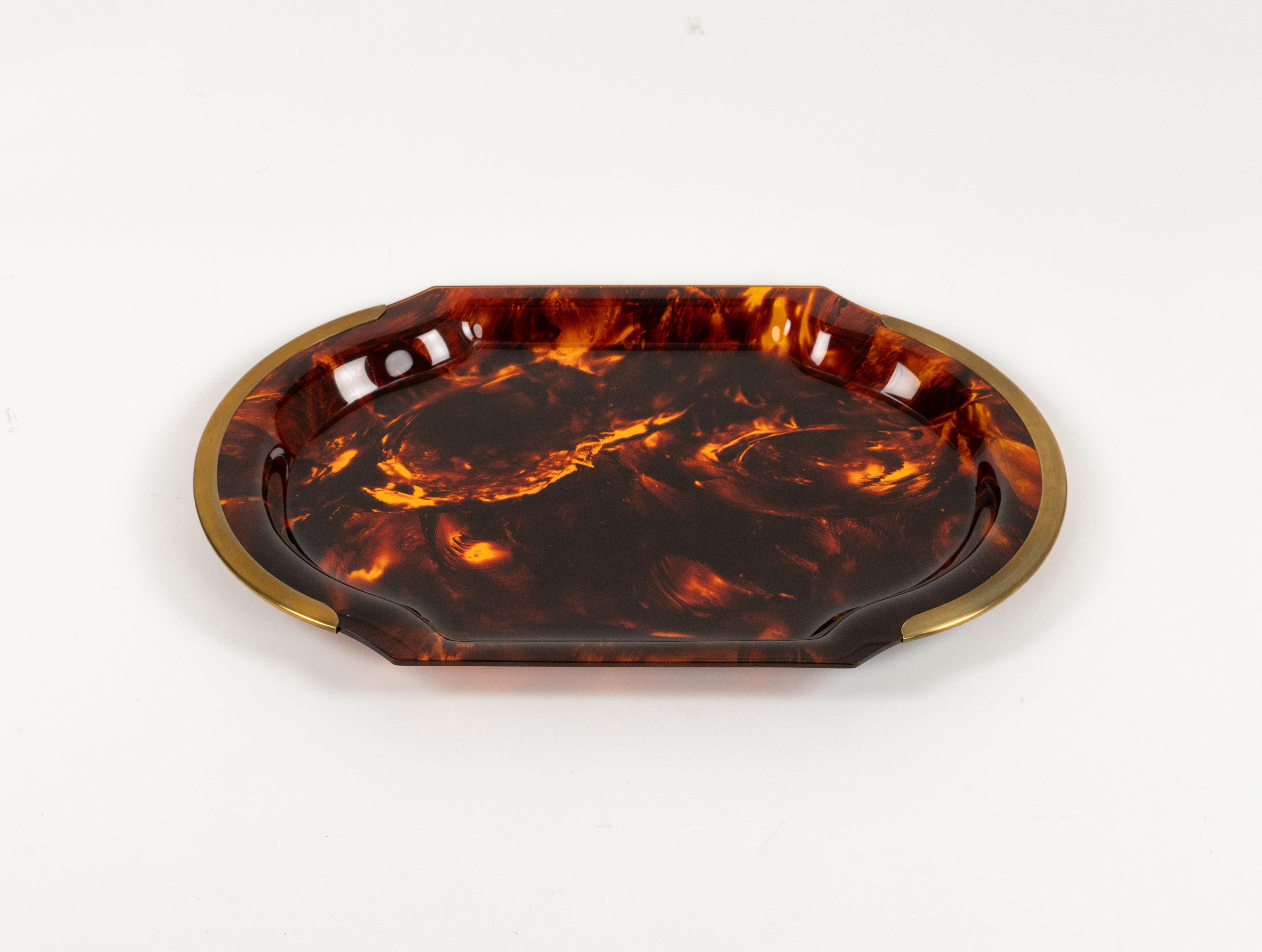 Metal Serving Tray in Effect Tortoiseshell Lucite & Brass by Guzzini, Italy 1970s For Sale