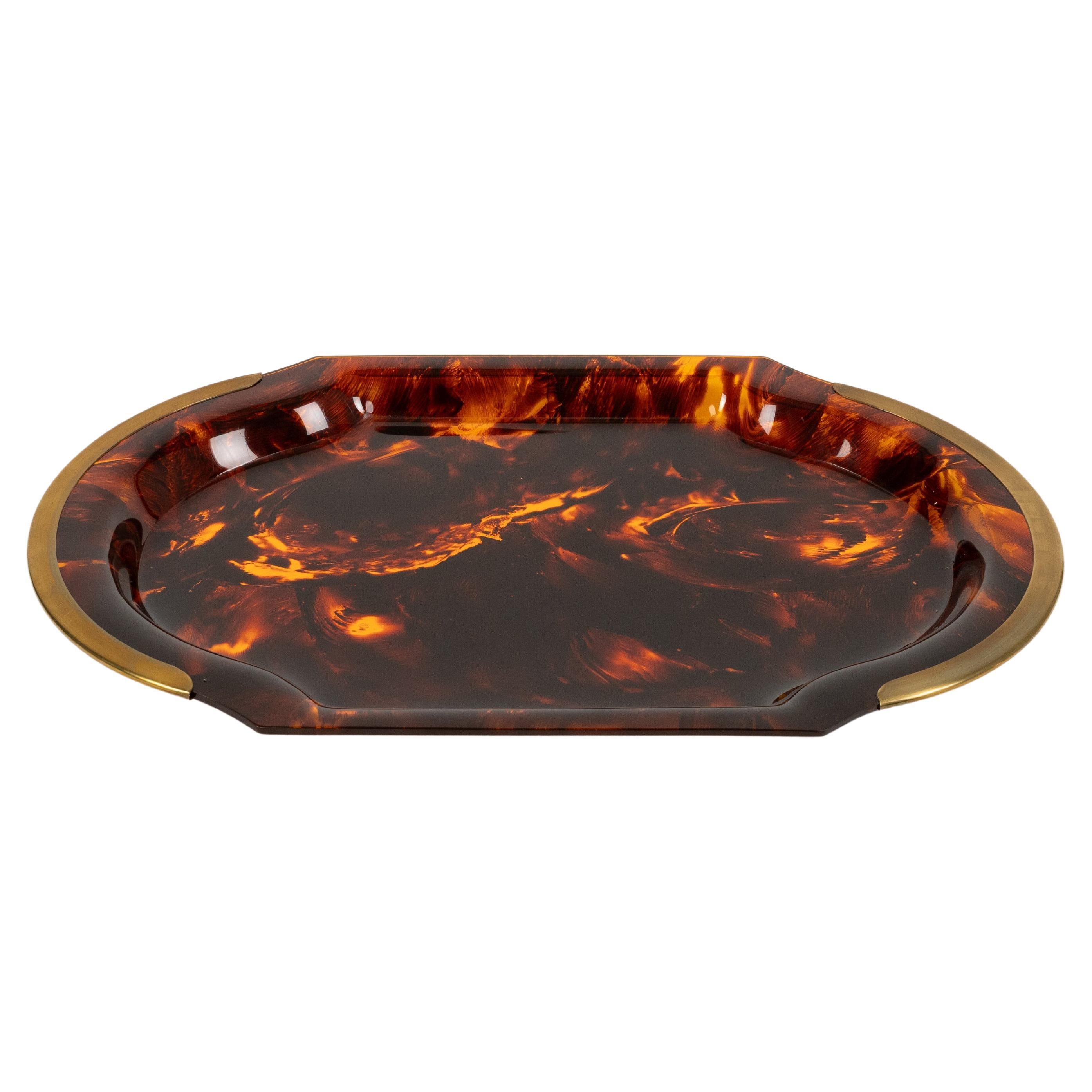 Serving Tray in Effect Tortoiseshell Lucite & Brass by Guzzini, Italy 1970s For Sale