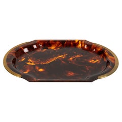 Vintage Serving Tray in Effect Tortoiseshell Lucite & Brass by Guzzini, Italy 1970s