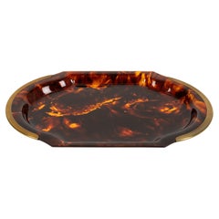 Serving Tray in Effect Tortoiseshell Lucite & Brass by Guzzini, Italy 1970s