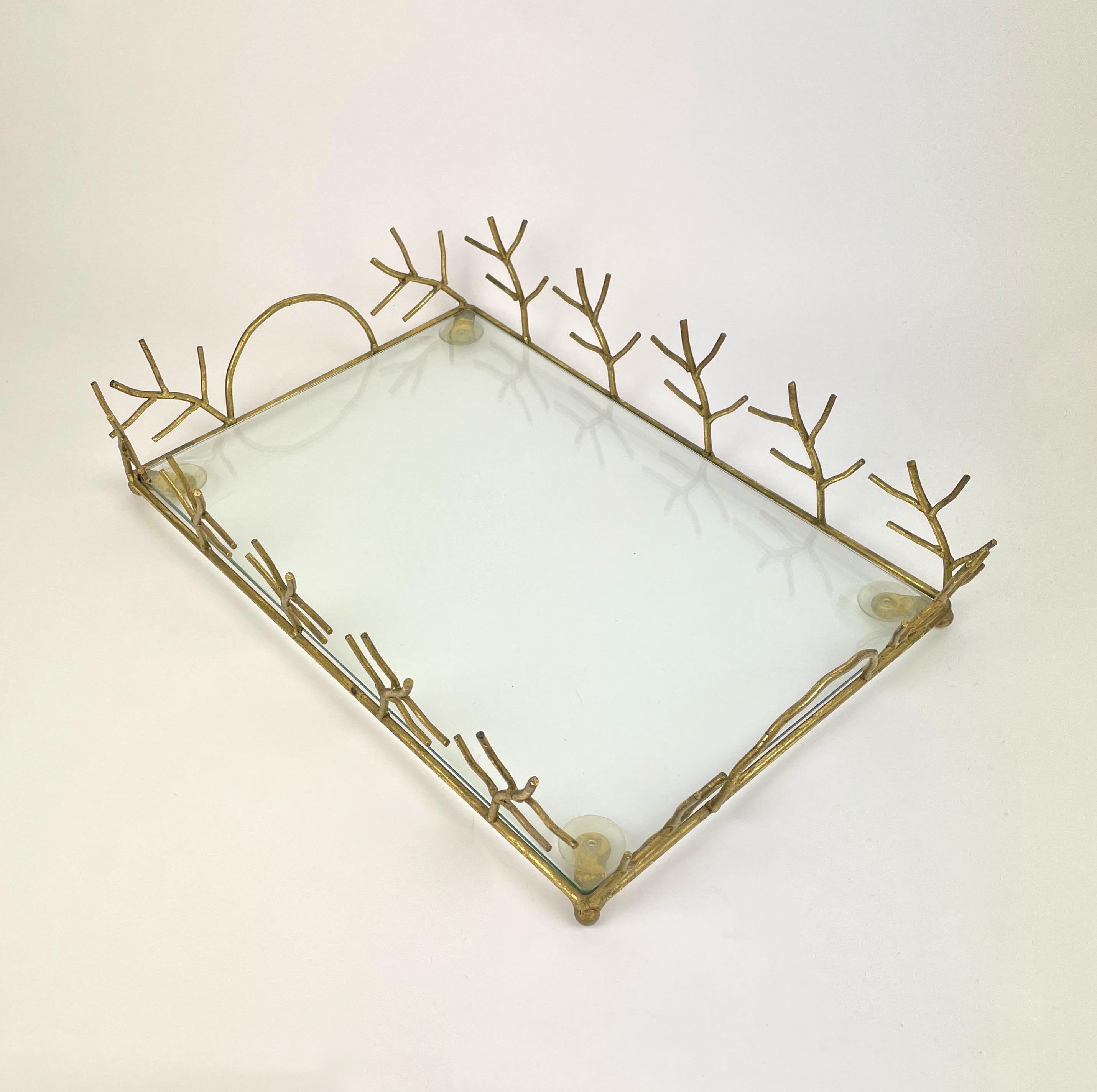 Mid-Century Modern Serving Tray in Glass and Golden Metal Branches Maison Baguès Style France 1970s For Sale
