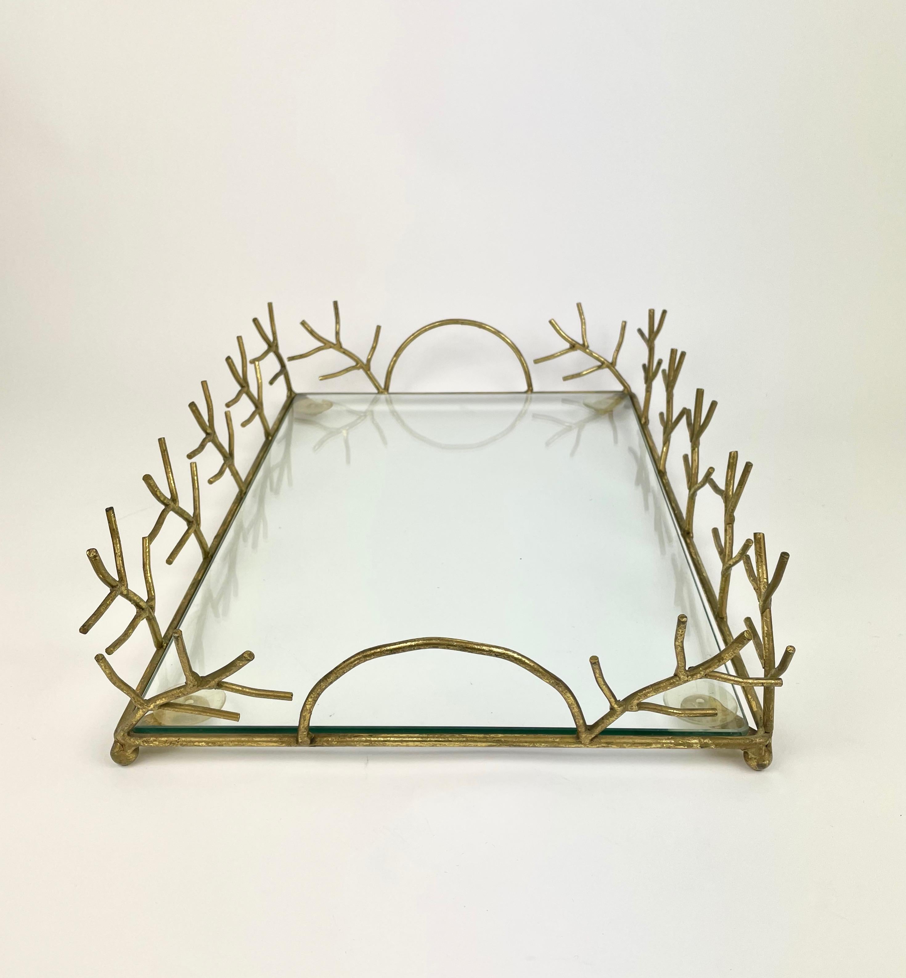 Italian Serving Tray in Glass and Golden Metal Branches Maison Baguès Style France 1970s For Sale