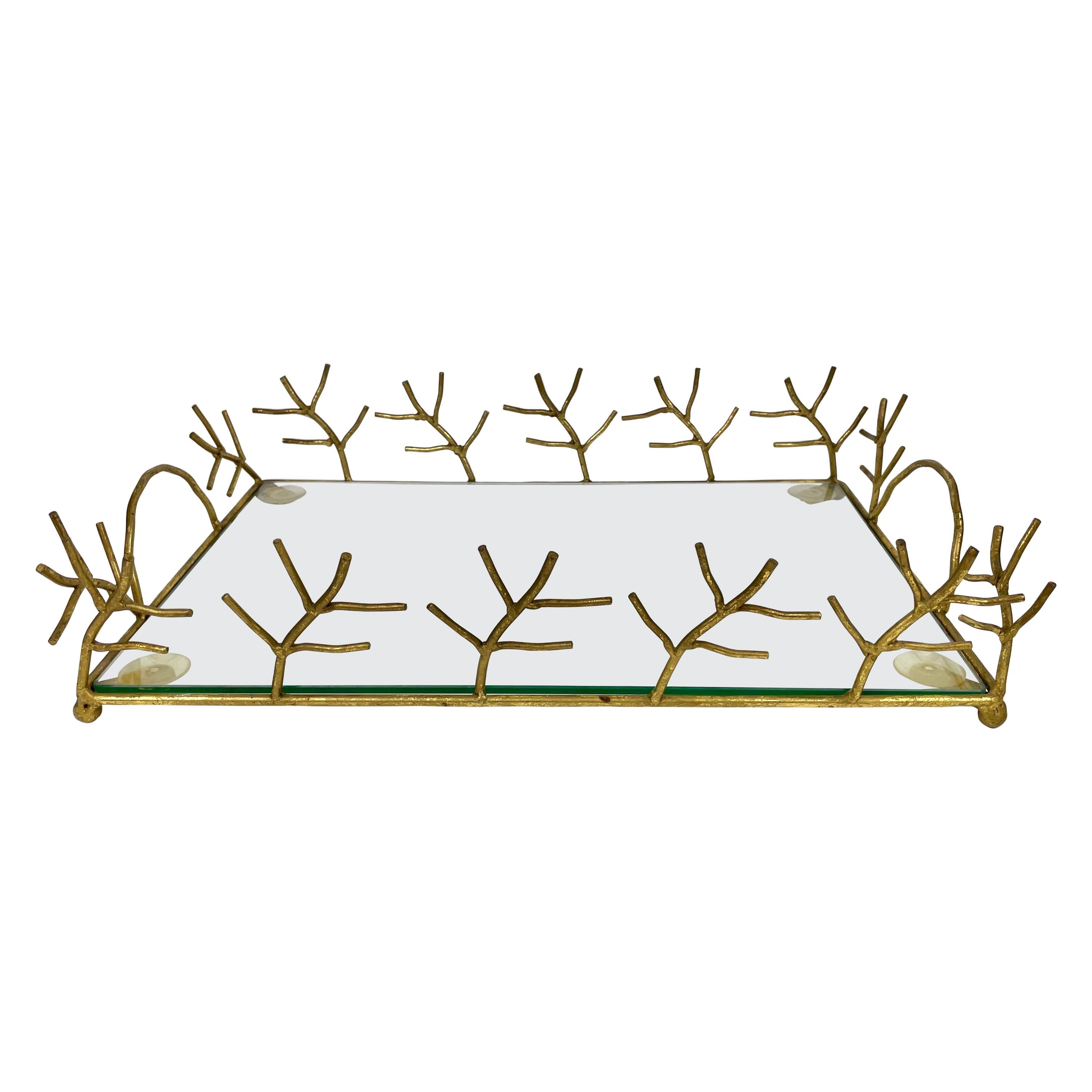 Serving Tray in Glass and Golden Metal Branches Maison Baguès Style France 1970s