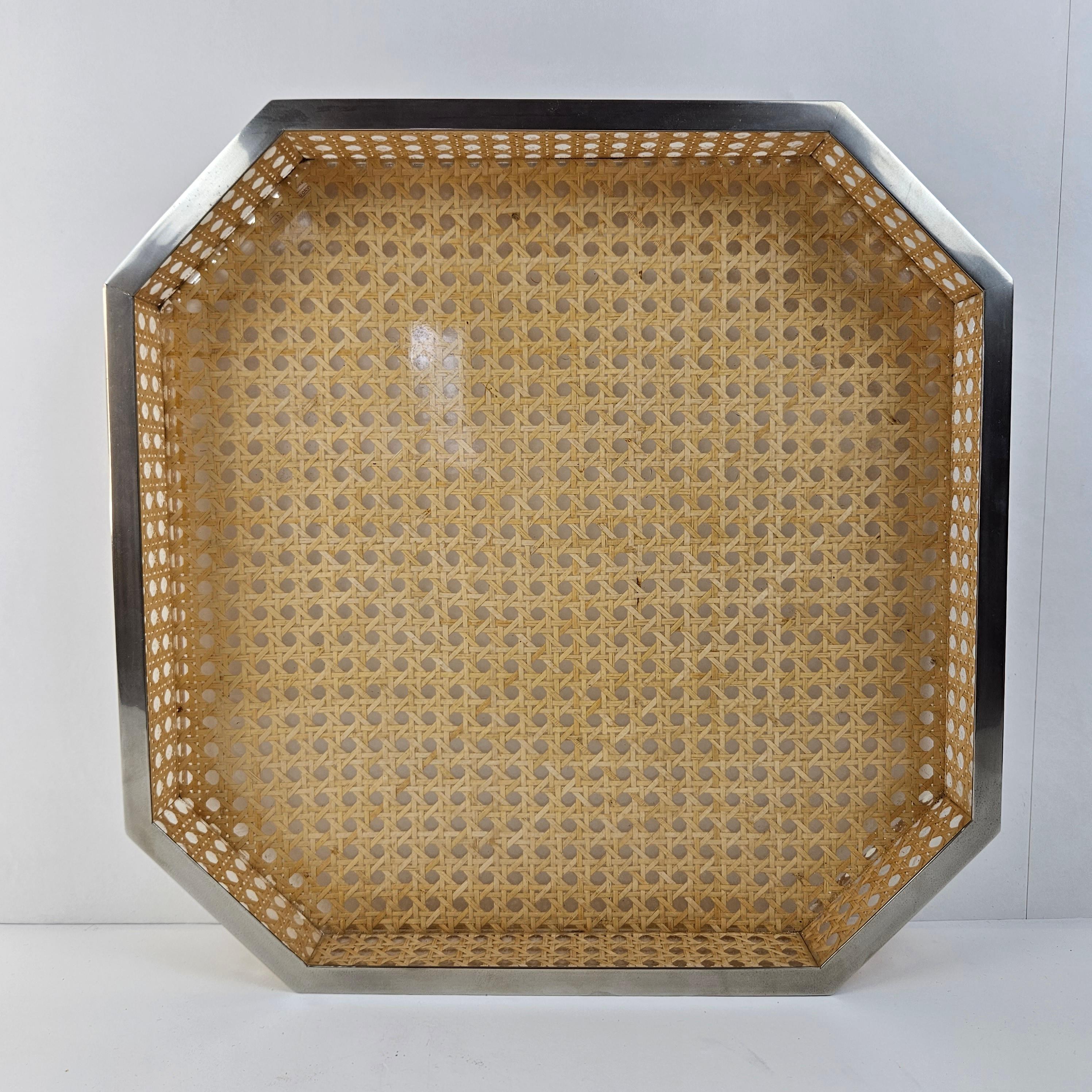 Mid-Century Modern Serving Tray in Lucite, Rattan and 24k Gold, Italy 1970s For Sale