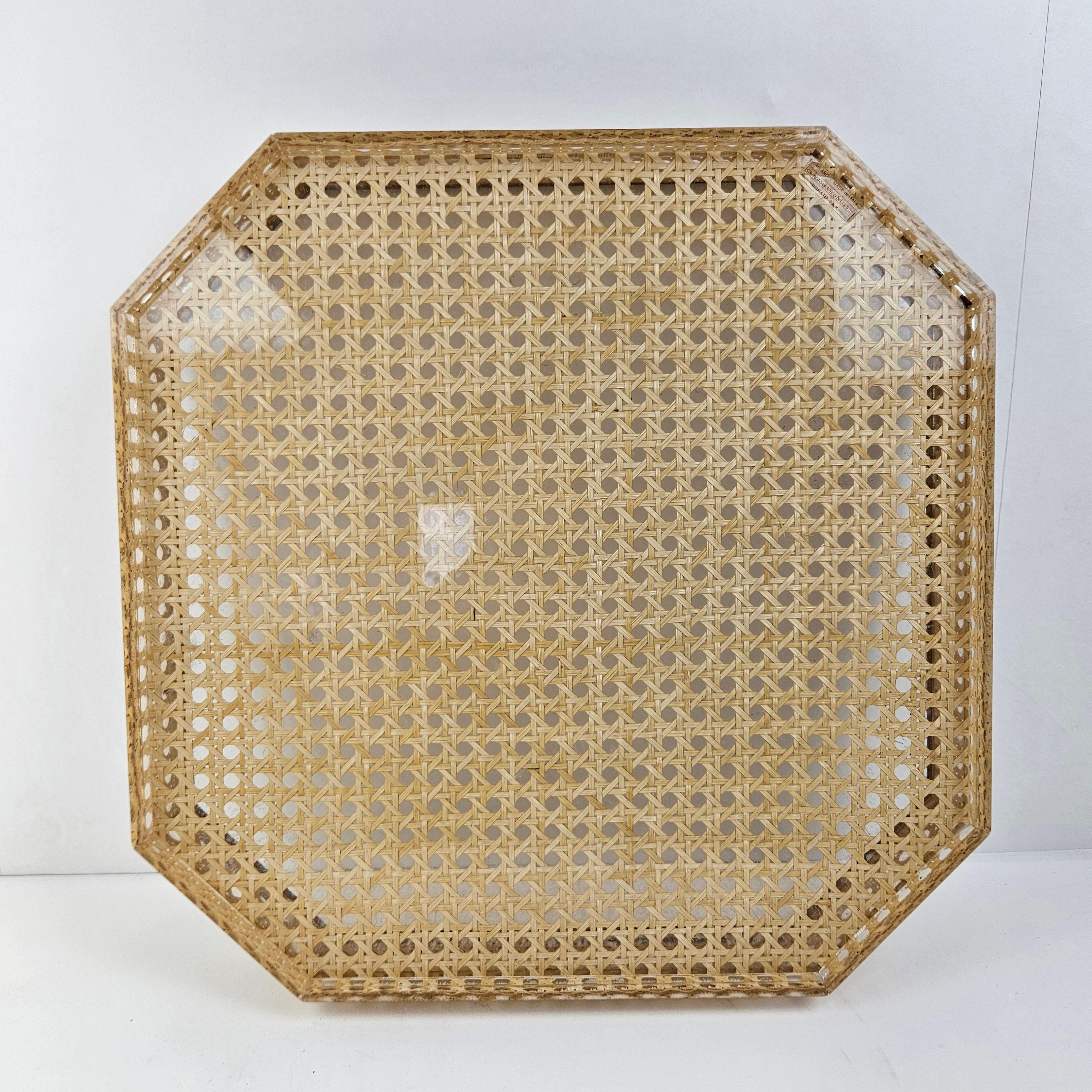 Italian Serving Tray in Lucite, Rattan and 24k Gold, Italy 1970s For Sale
