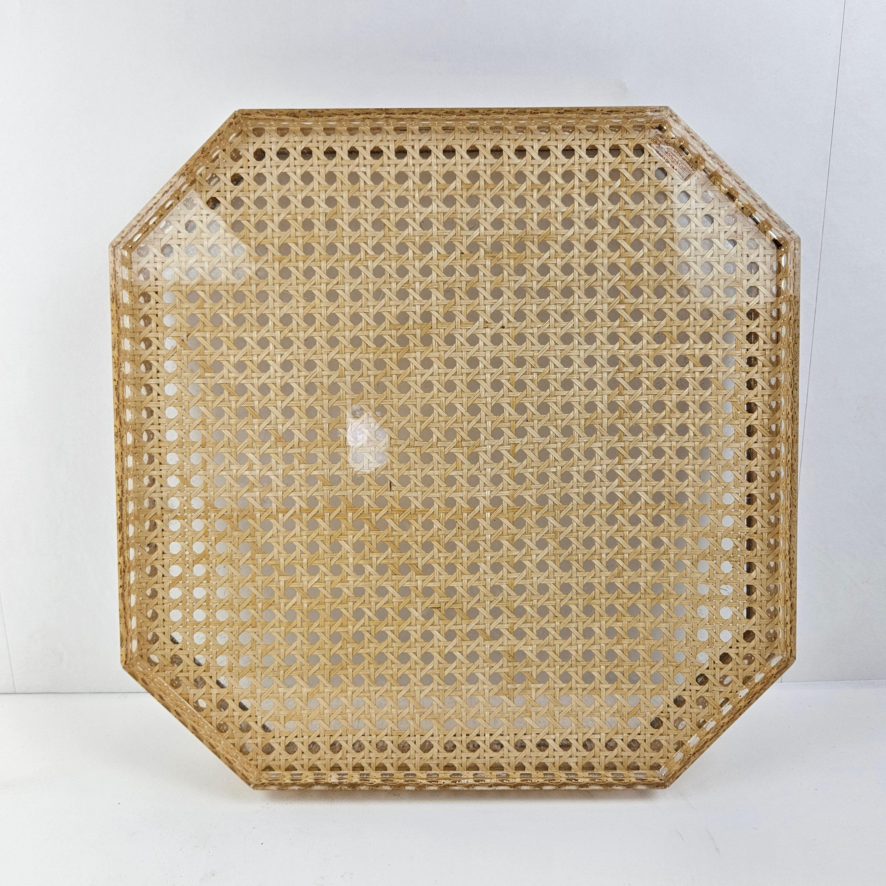 Hand-Crafted Serving Tray in Lucite, Rattan and 24k Gold, Italy 1970s For Sale