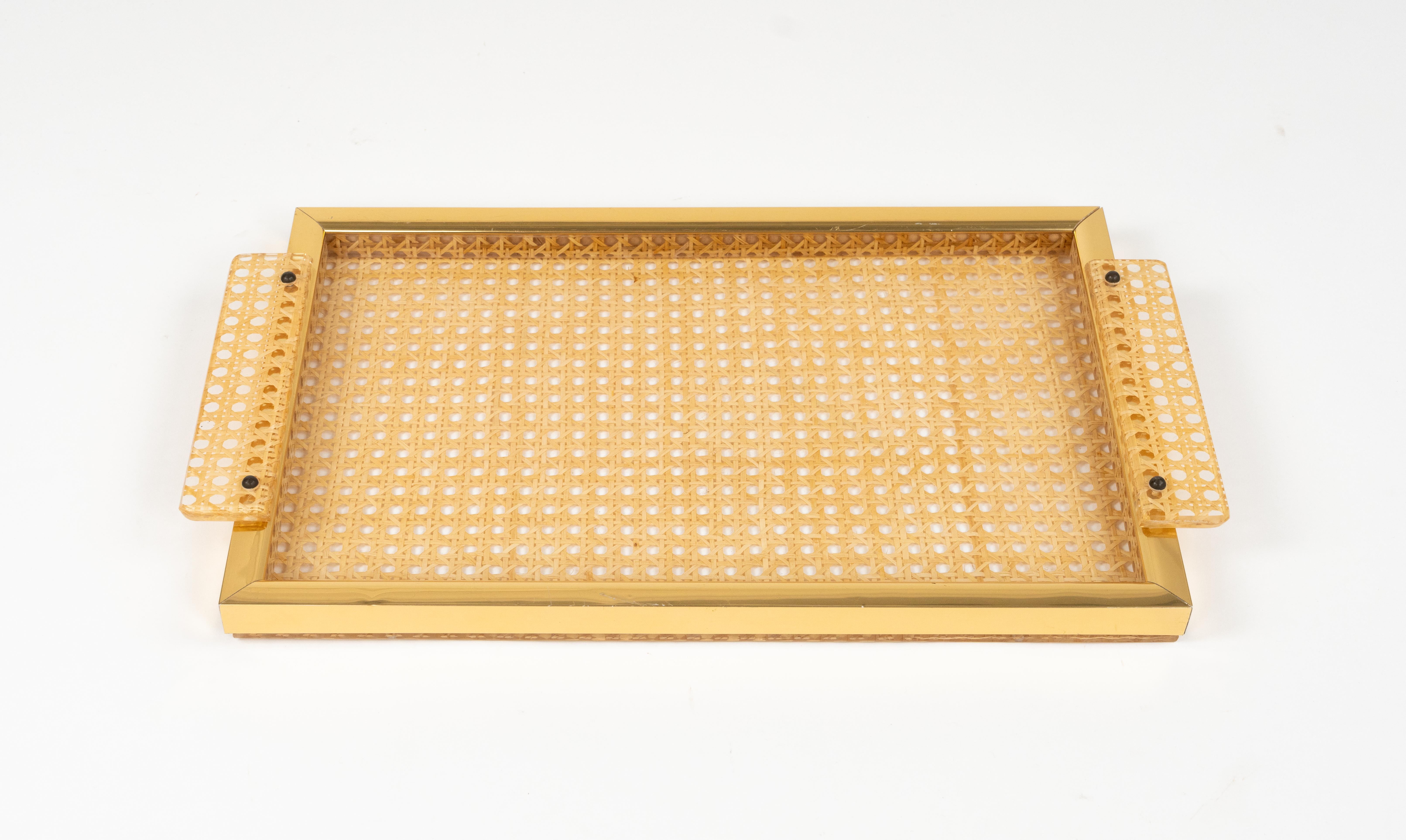 Serving Tray in Lucite, Rattan and Aluminium Christian Dior Style, Italy, 1970s For Sale 5