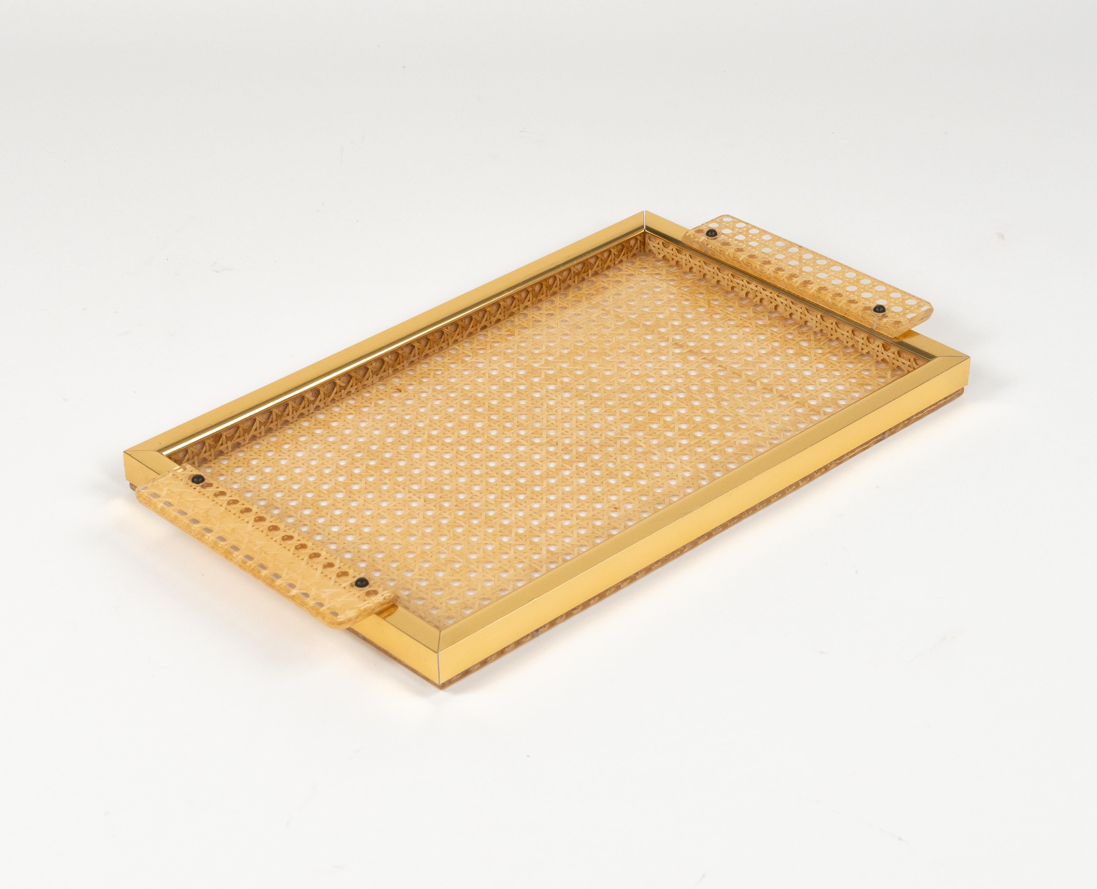 Mid-Century Modern Serving Tray in Lucite, Rattan and Aluminium Christian Dior Style, Italy, 1970s For Sale