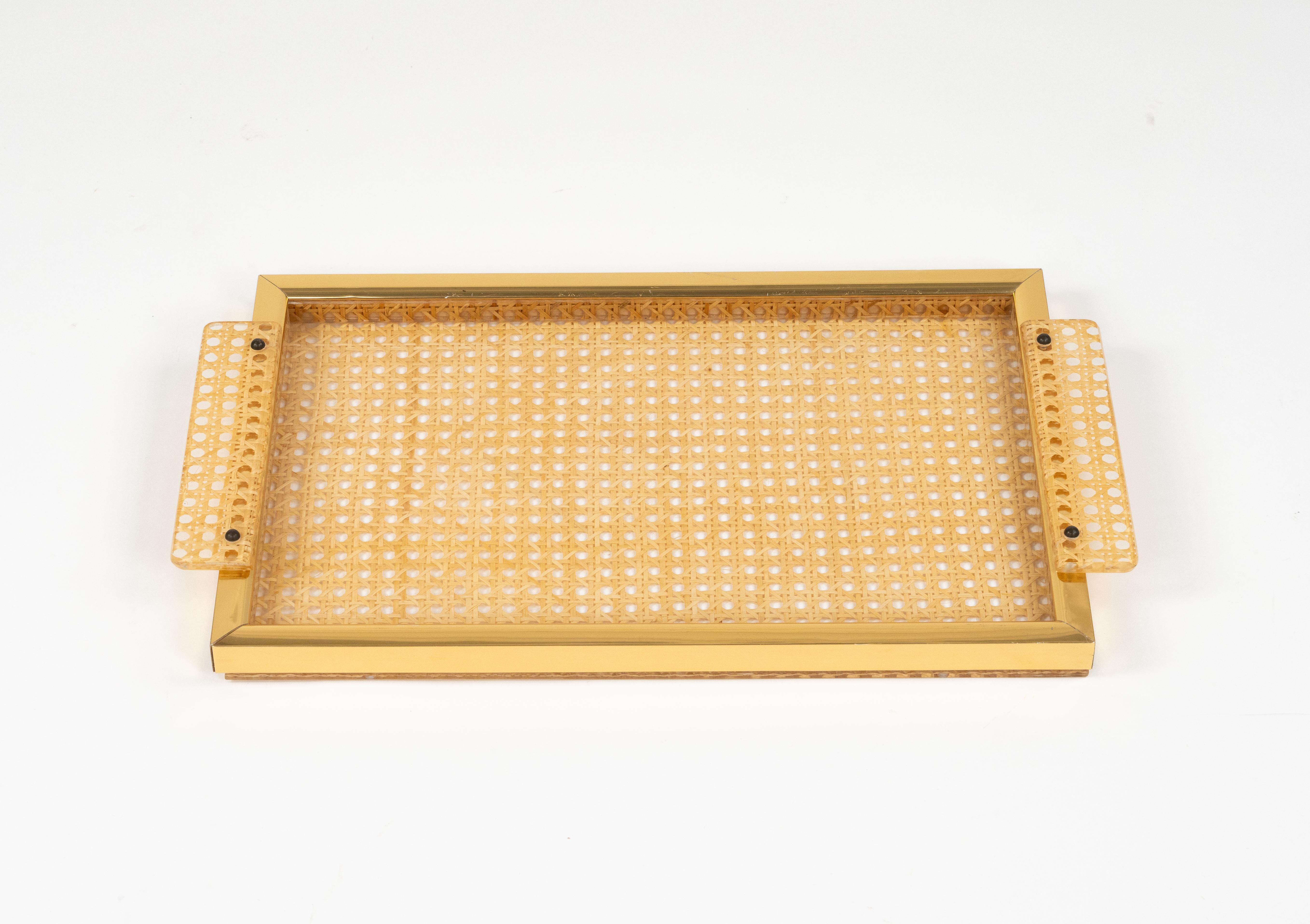 Italian Serving Tray in Lucite, Rattan and Aluminium Christian Dior Style, Italy, 1970s For Sale