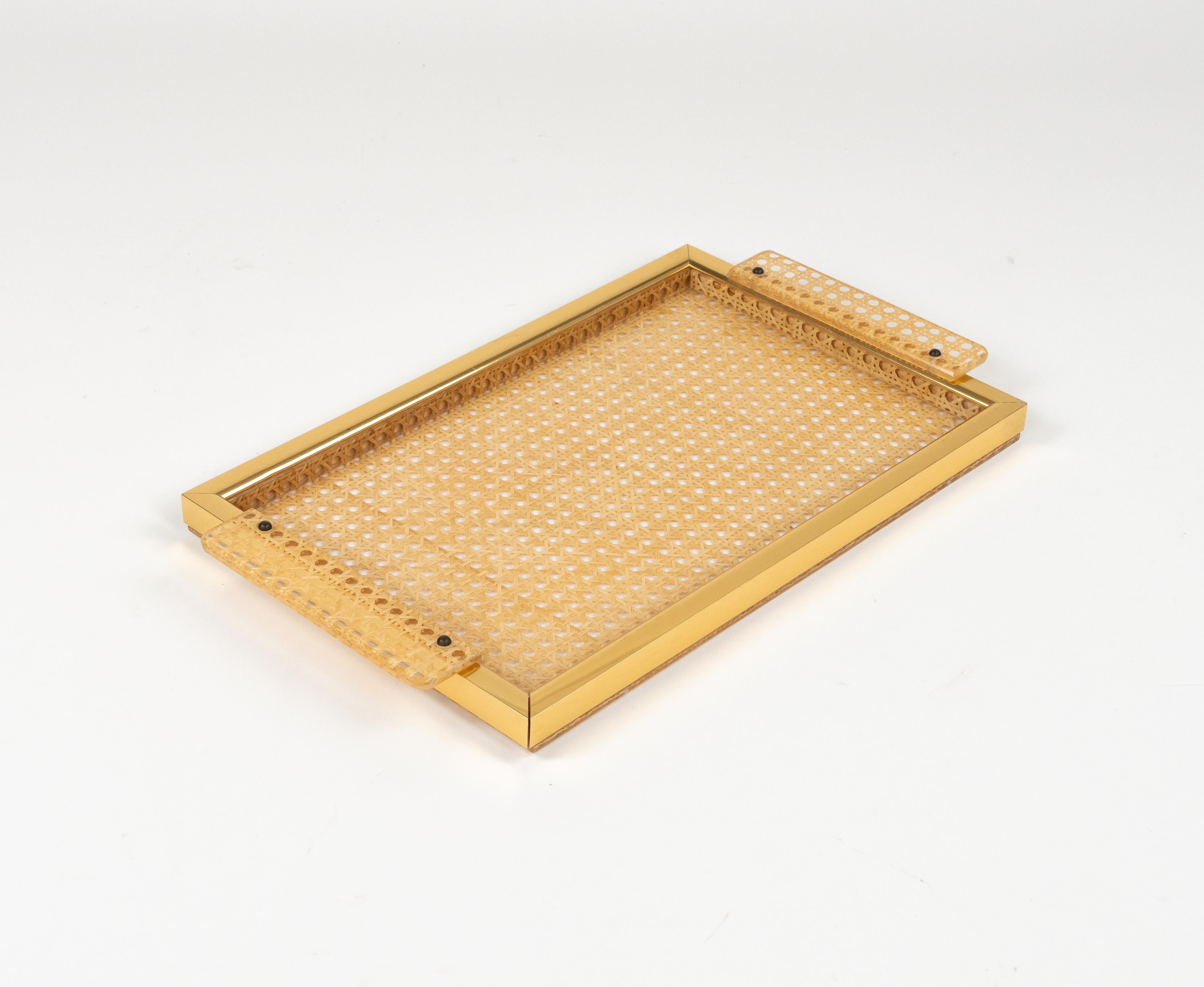 Metal Serving Tray in Lucite, Rattan and Aluminium Christian Dior Style, Italy, 1970s For Sale