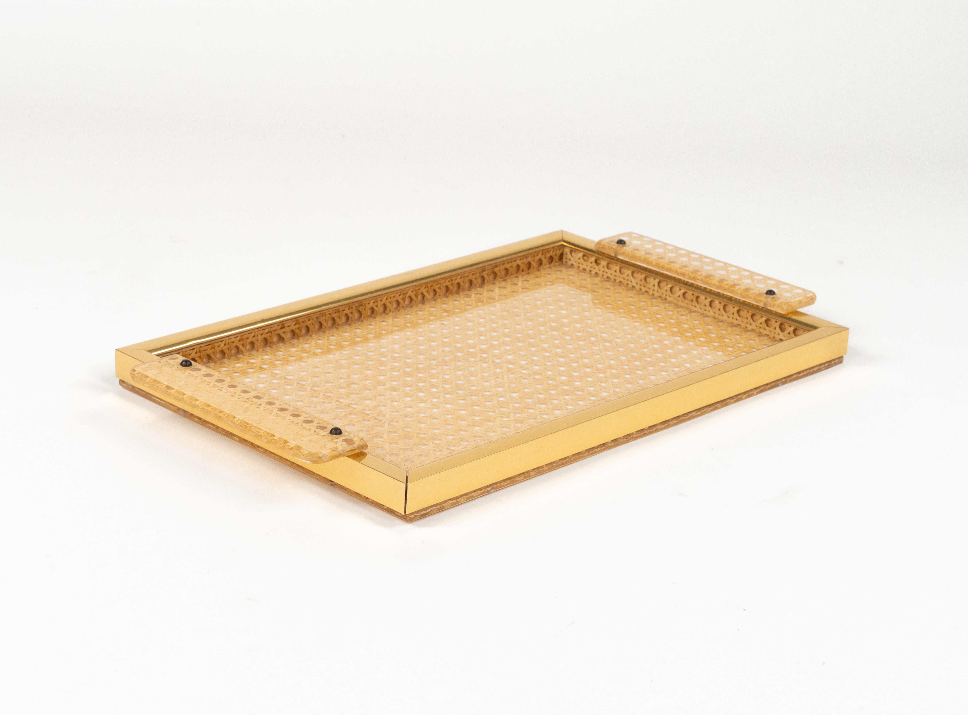 Serving Tray in Lucite, Rattan and Aluminium Christian Dior Style, Italy, 1970s For Sale 1