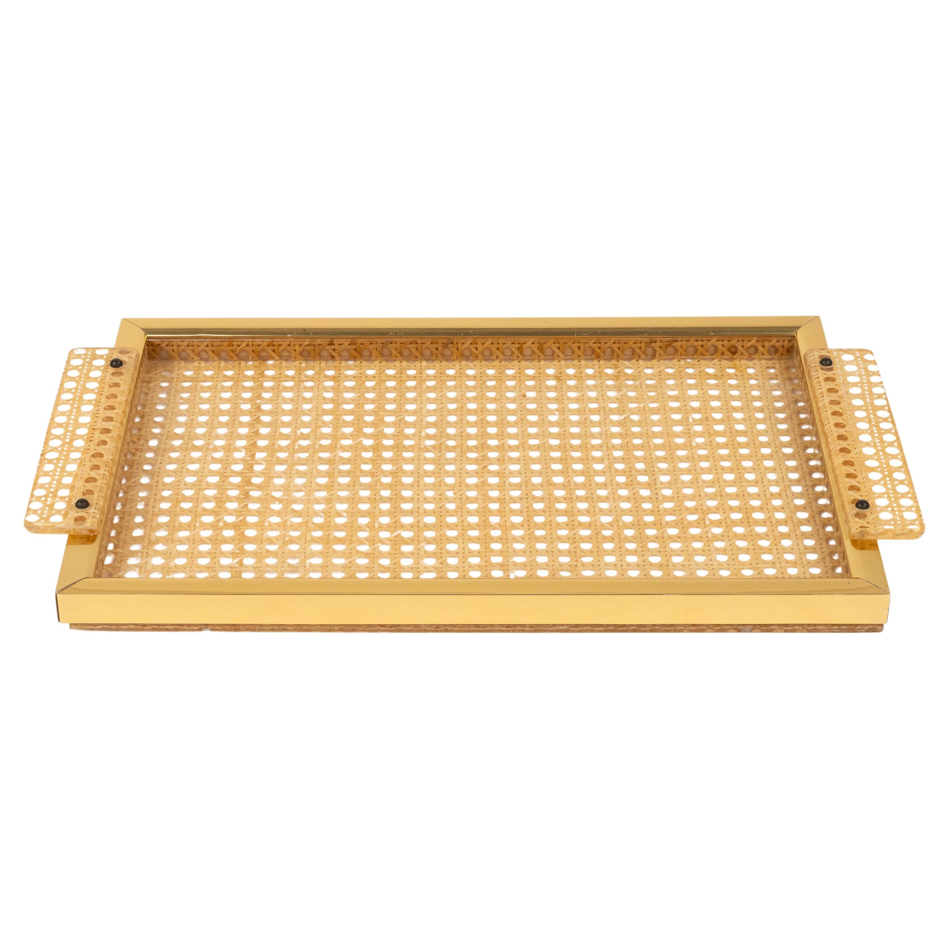 Serving Tray in Lucite, Rattan and Aluminium Christian Dior Style, Italy, 1970s