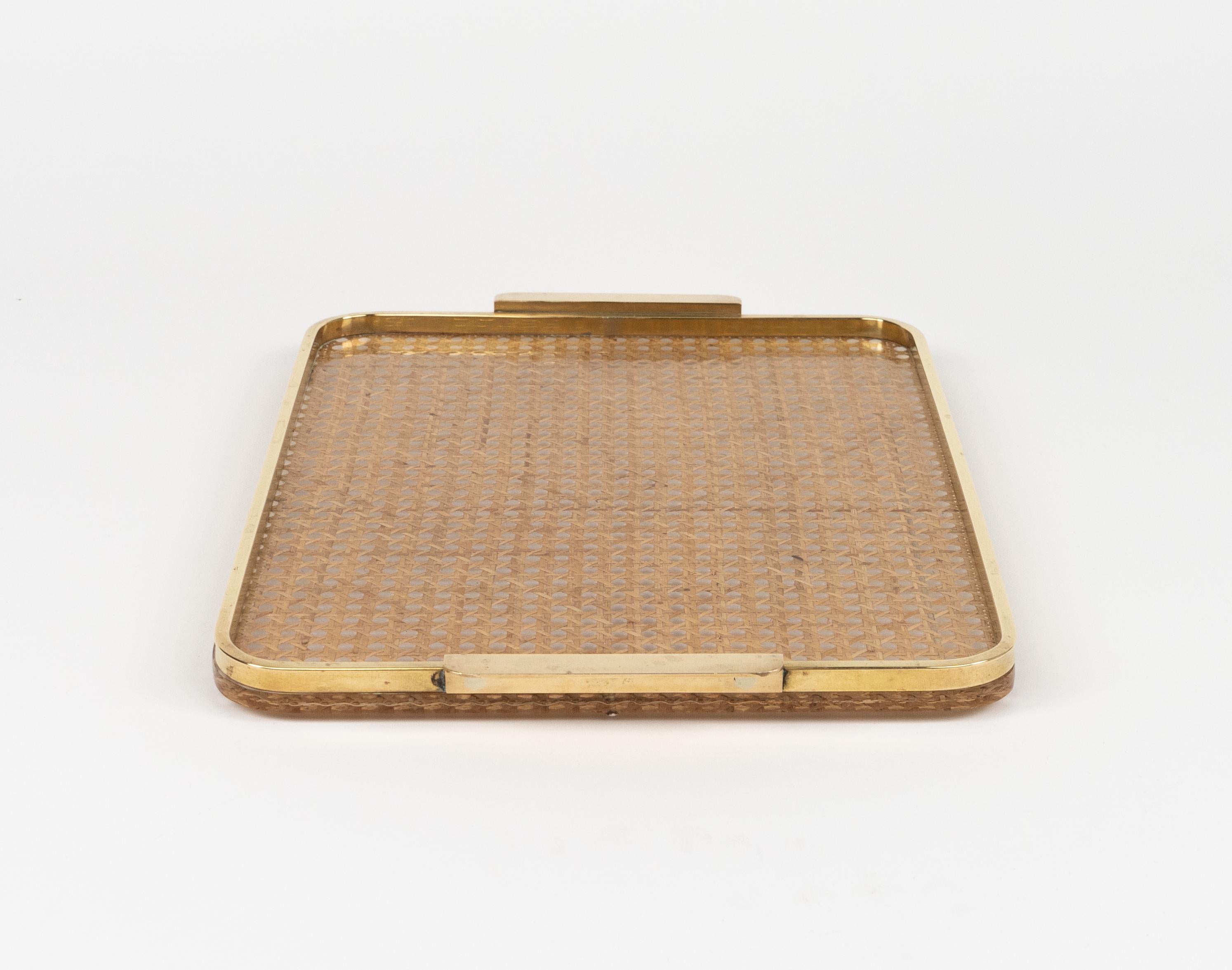 Serving Tray in Lucite, Rattan and Brass Christian Dior Style, Italy, 1970s For Sale 4
