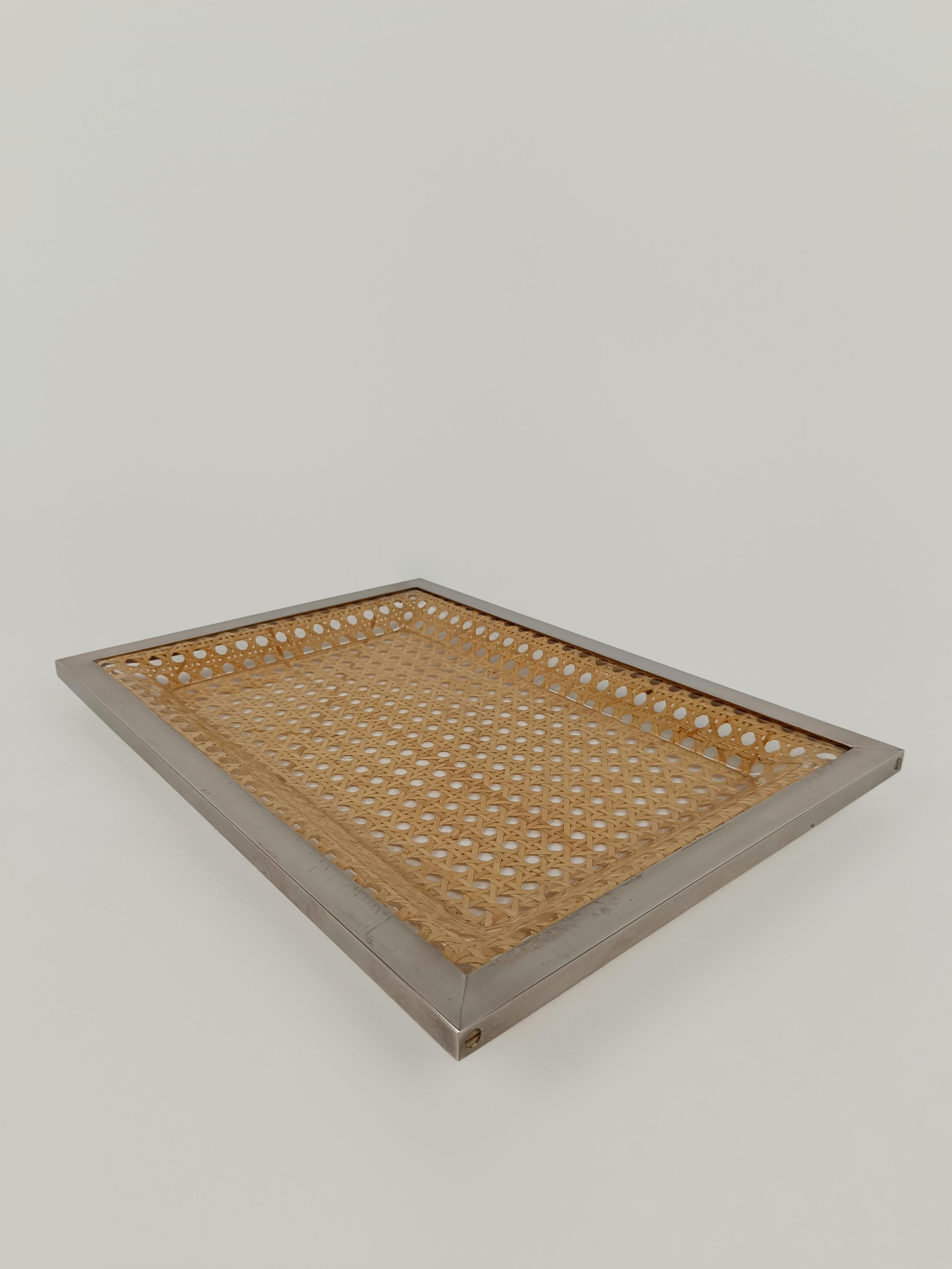 Serving Tray in Lucite, Rattan and Brass Christian Dior Style, Italy, 1970s 4