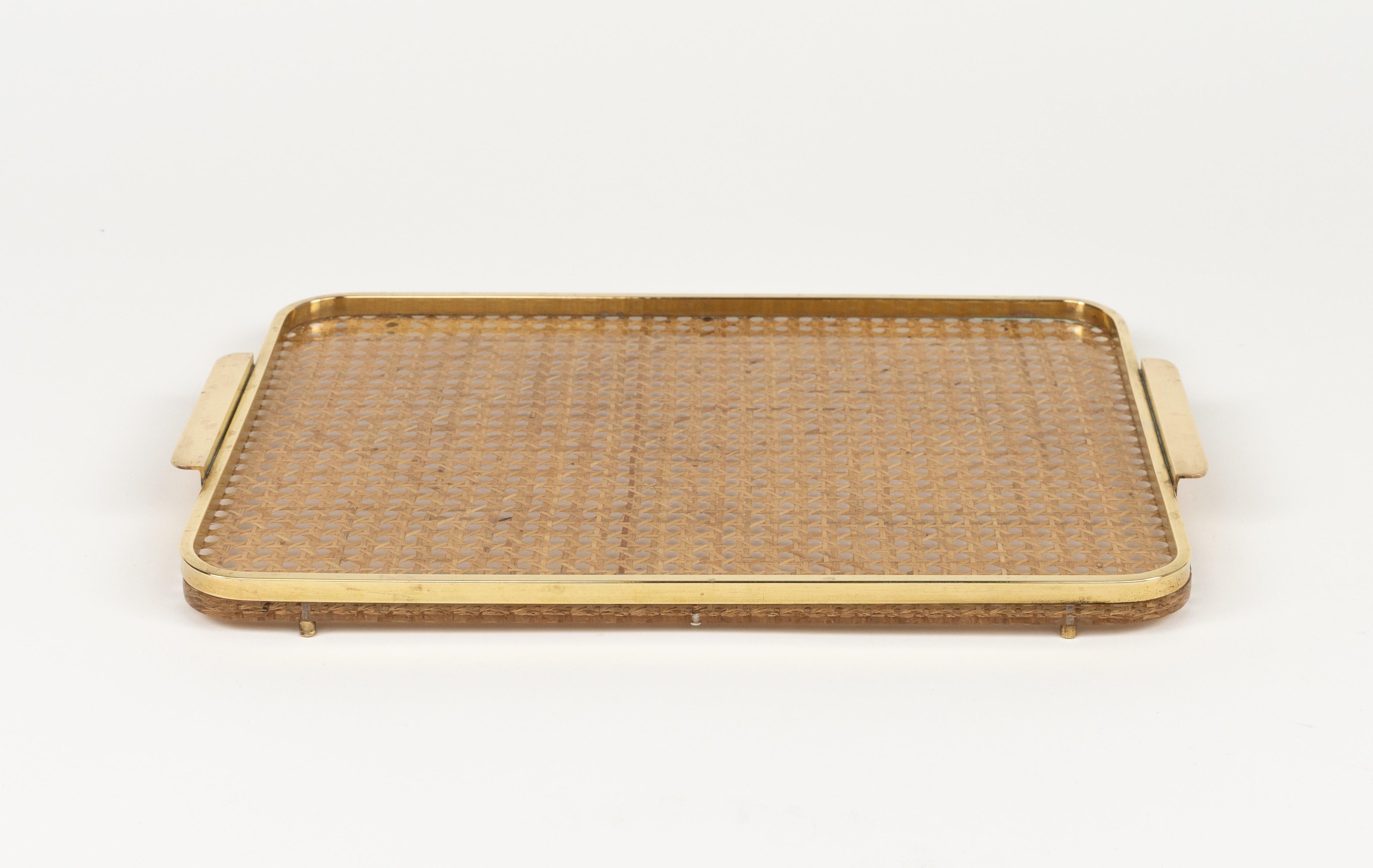 Serving Tray in Lucite, Rattan and Brass Christian Dior Style, Italy, 1970s For Sale 5