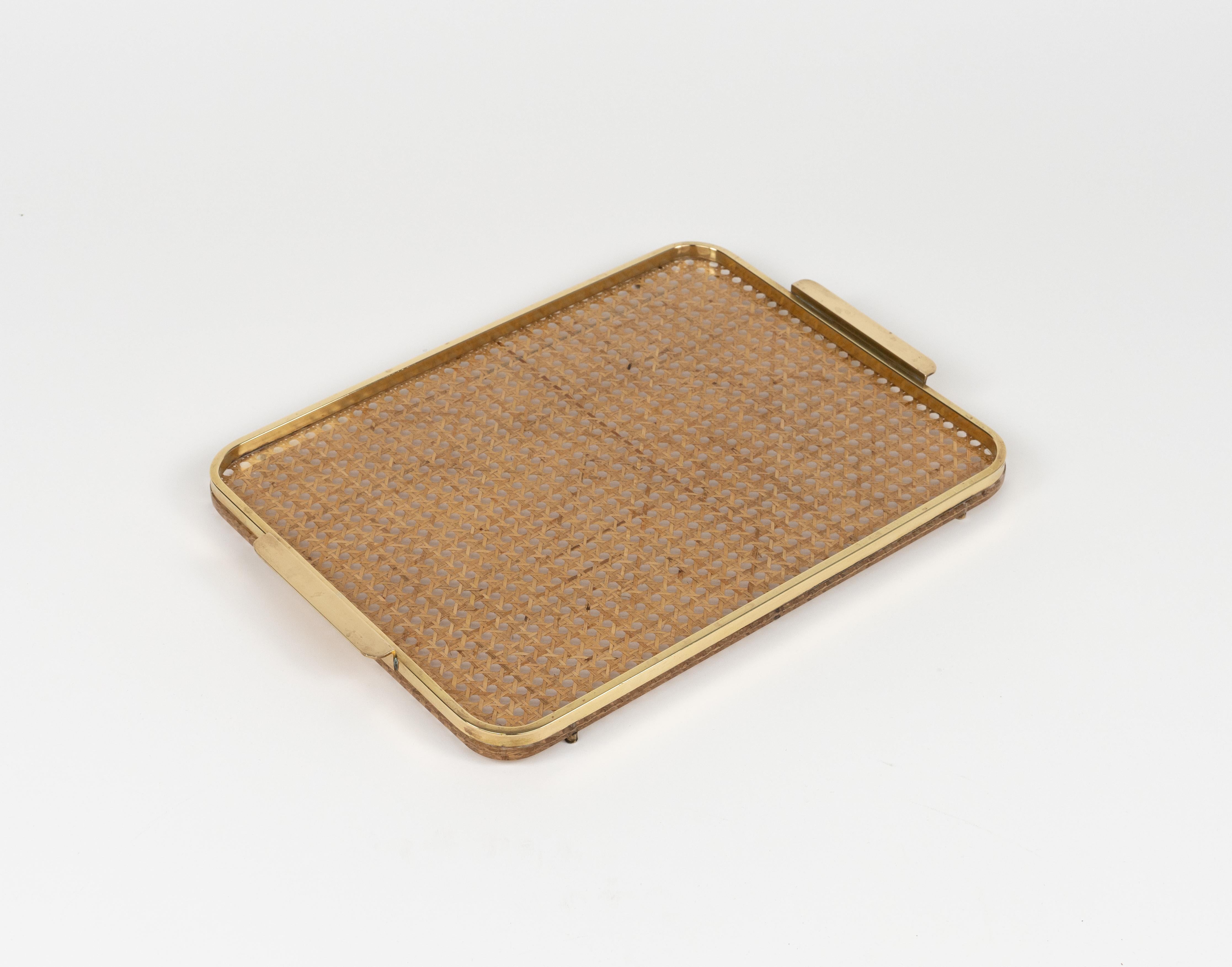 Mid-Century Modern Serving Tray in Lucite, Rattan and Brass Christian Dior Style, Italy, 1970s For Sale