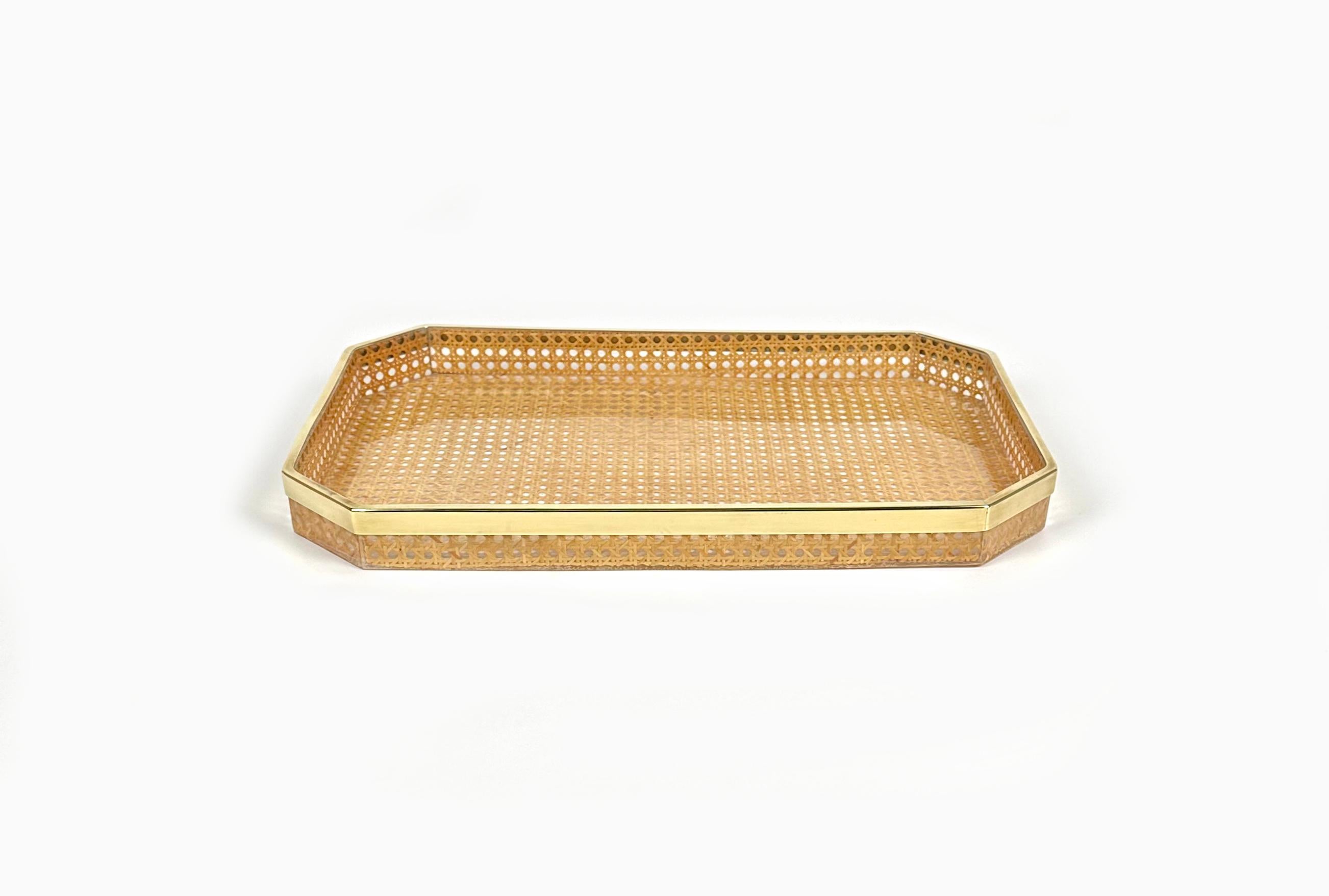 Mid-Century Modern Serving Tray in Lucite, Rattan and Brass Christian Dior Style, Italy, 1970s