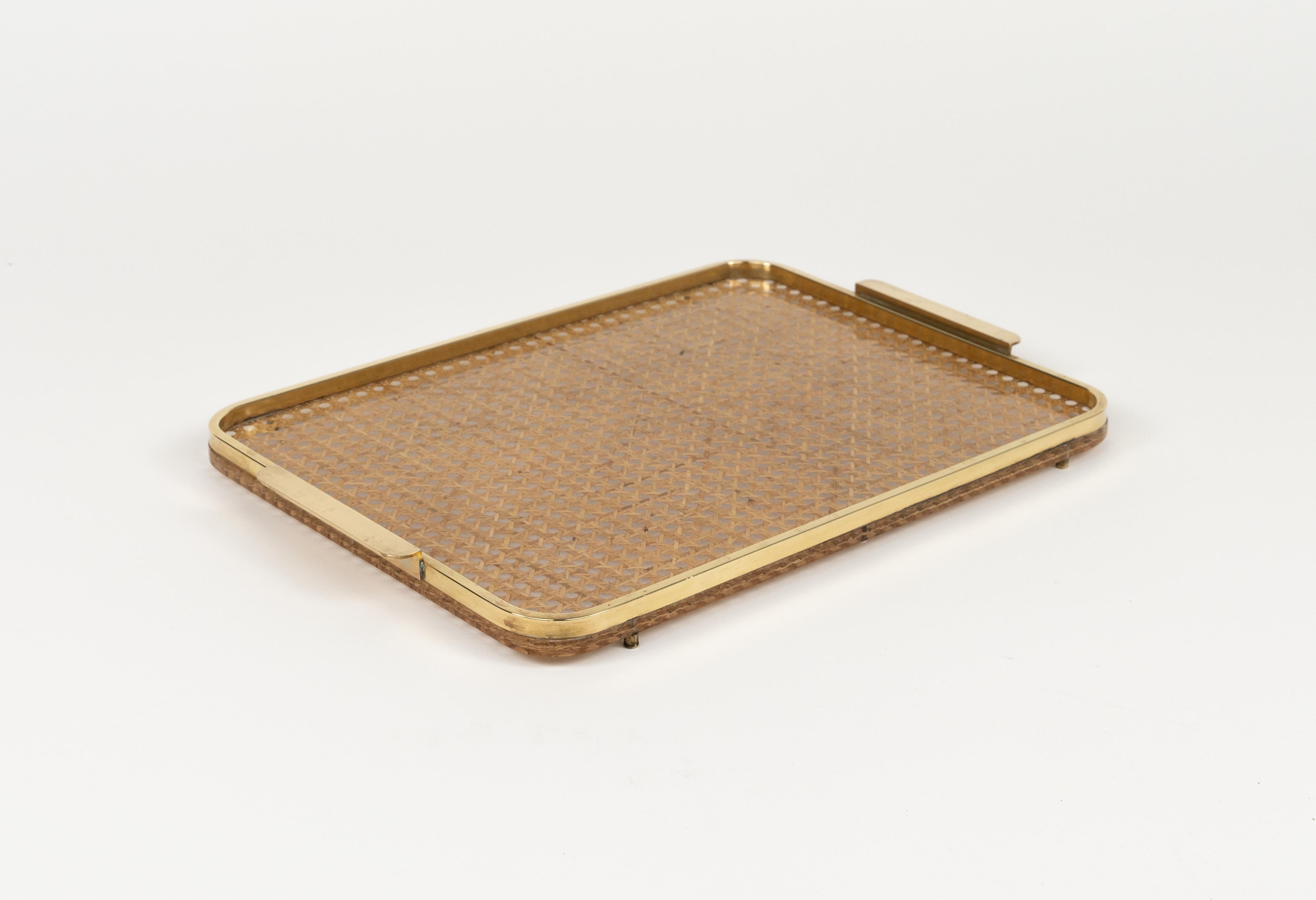 Italian Serving Tray in Lucite, Rattan and Brass Christian Dior Style, Italy, 1970s For Sale