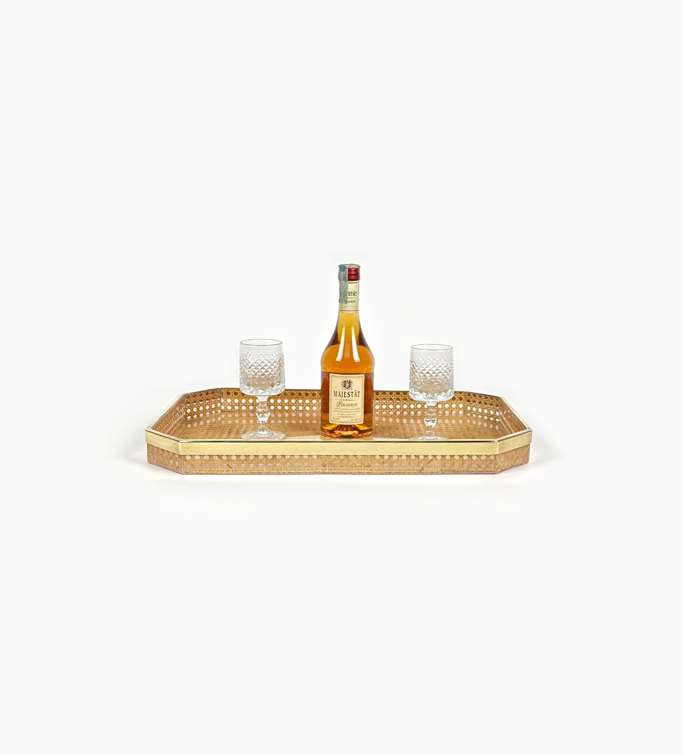 Italian Serving Tray in Lucite, Rattan and Brass Christian Dior Style, Italy, 1970s