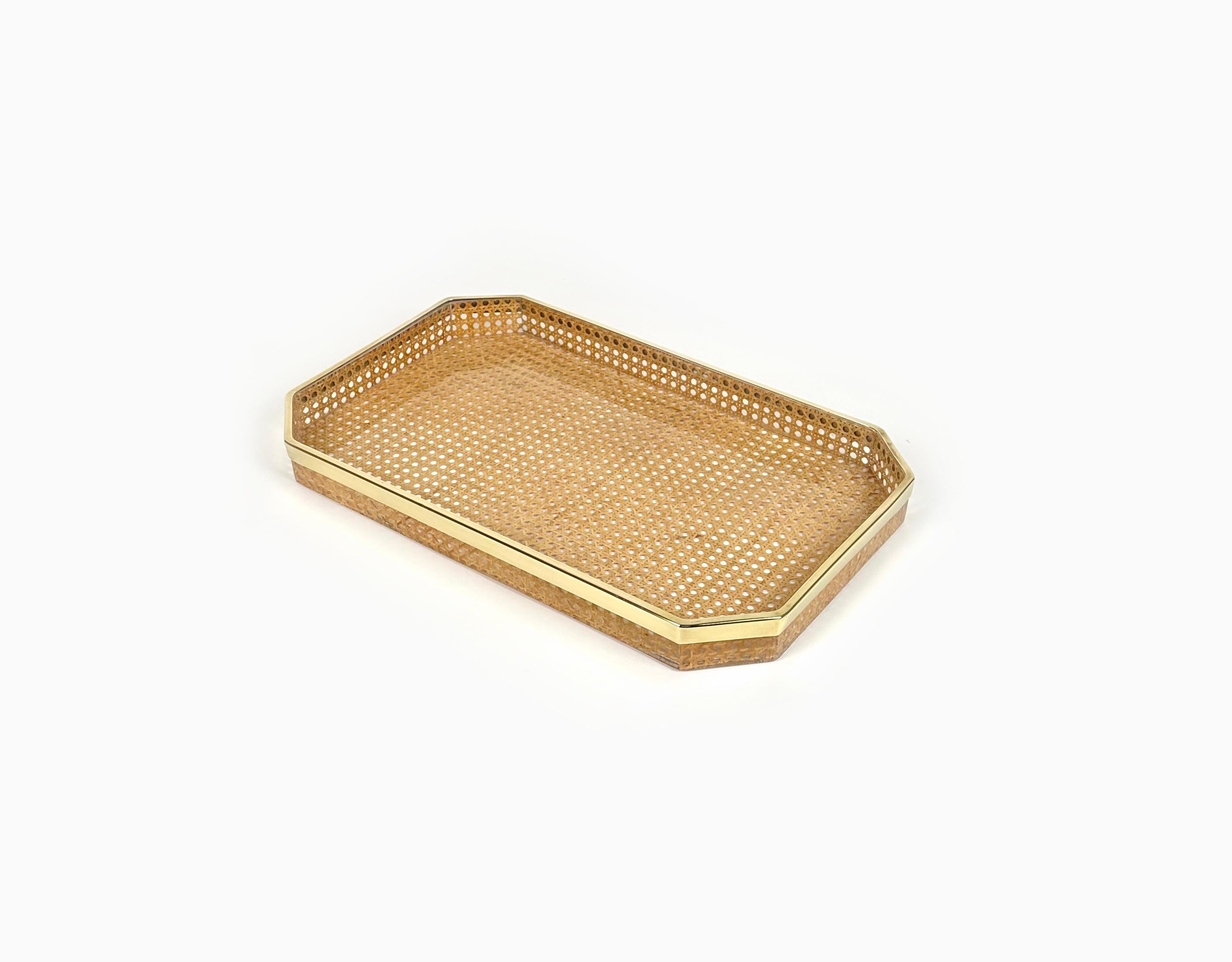 Serving Tray in Lucite, Rattan and Brass Christian Dior Style, Italy, 1970s In Good Condition In Rome, IT