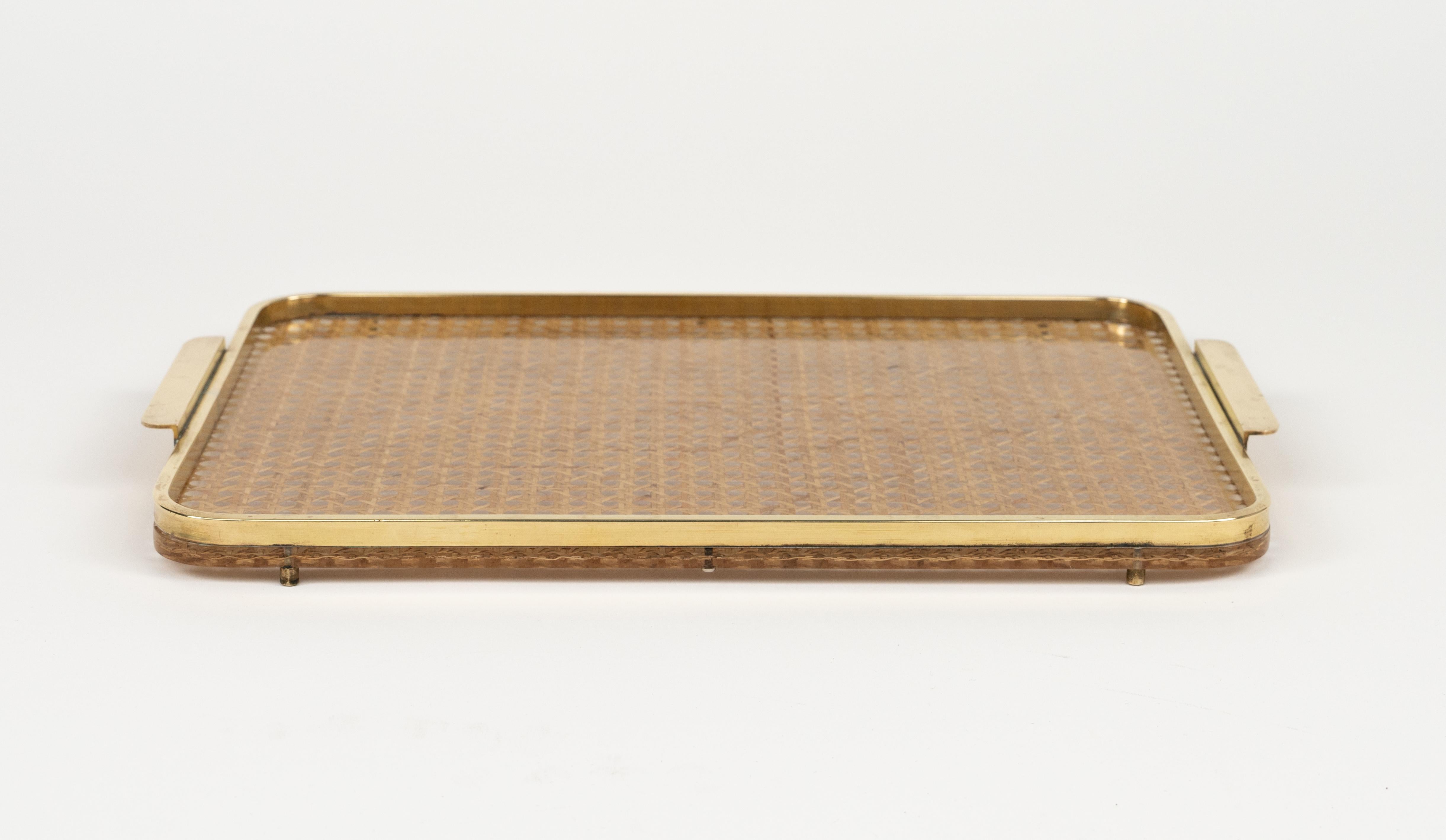 Late 20th Century Serving Tray in Lucite, Rattan and Brass Christian Dior Style, Italy, 1970s For Sale
