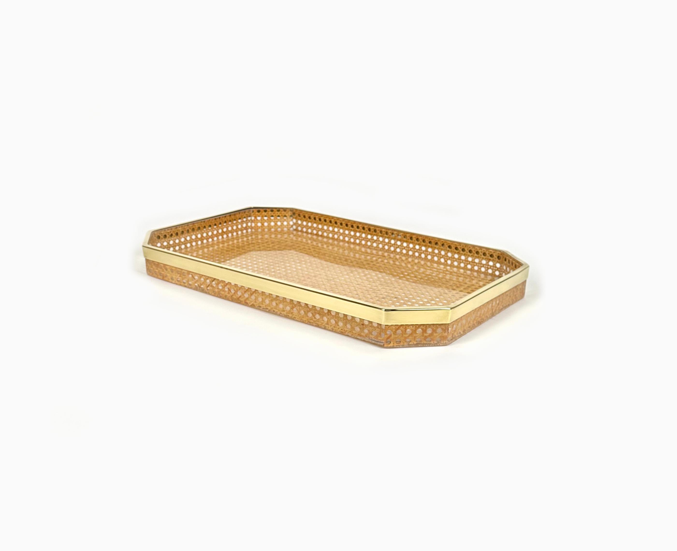 Late 20th Century Serving Tray in Lucite, Rattan and Brass Christian Dior Style, Italy, 1970s