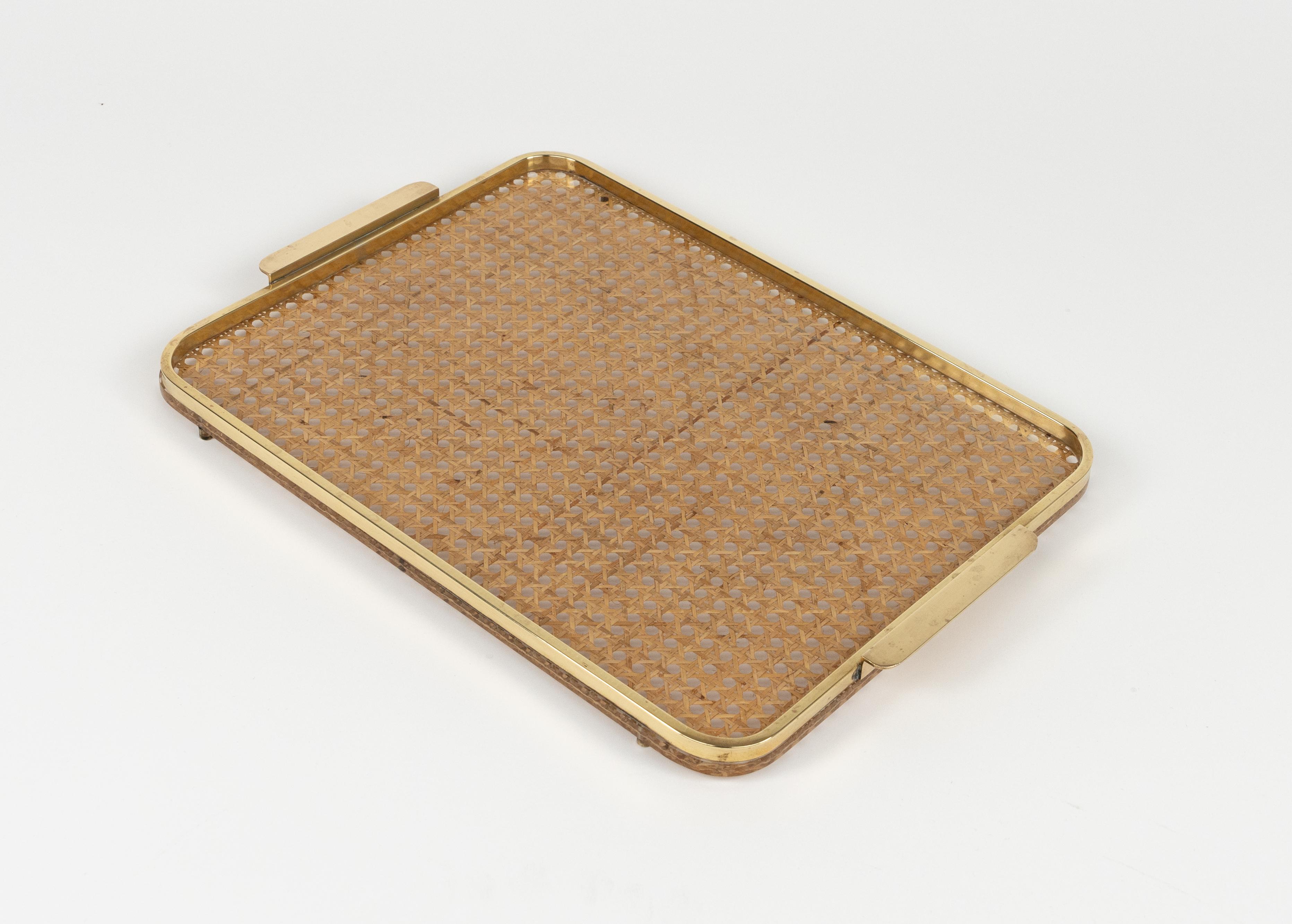 Metal Serving Tray in Lucite, Rattan and Brass Christian Dior Style, Italy, 1970s For Sale
